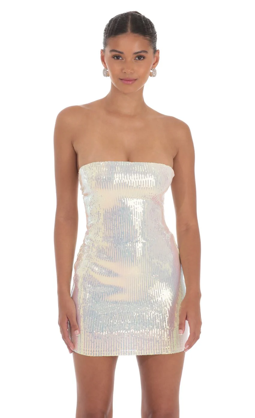 Iridescent Seqiun Strapless Bodycon Dress in Cream