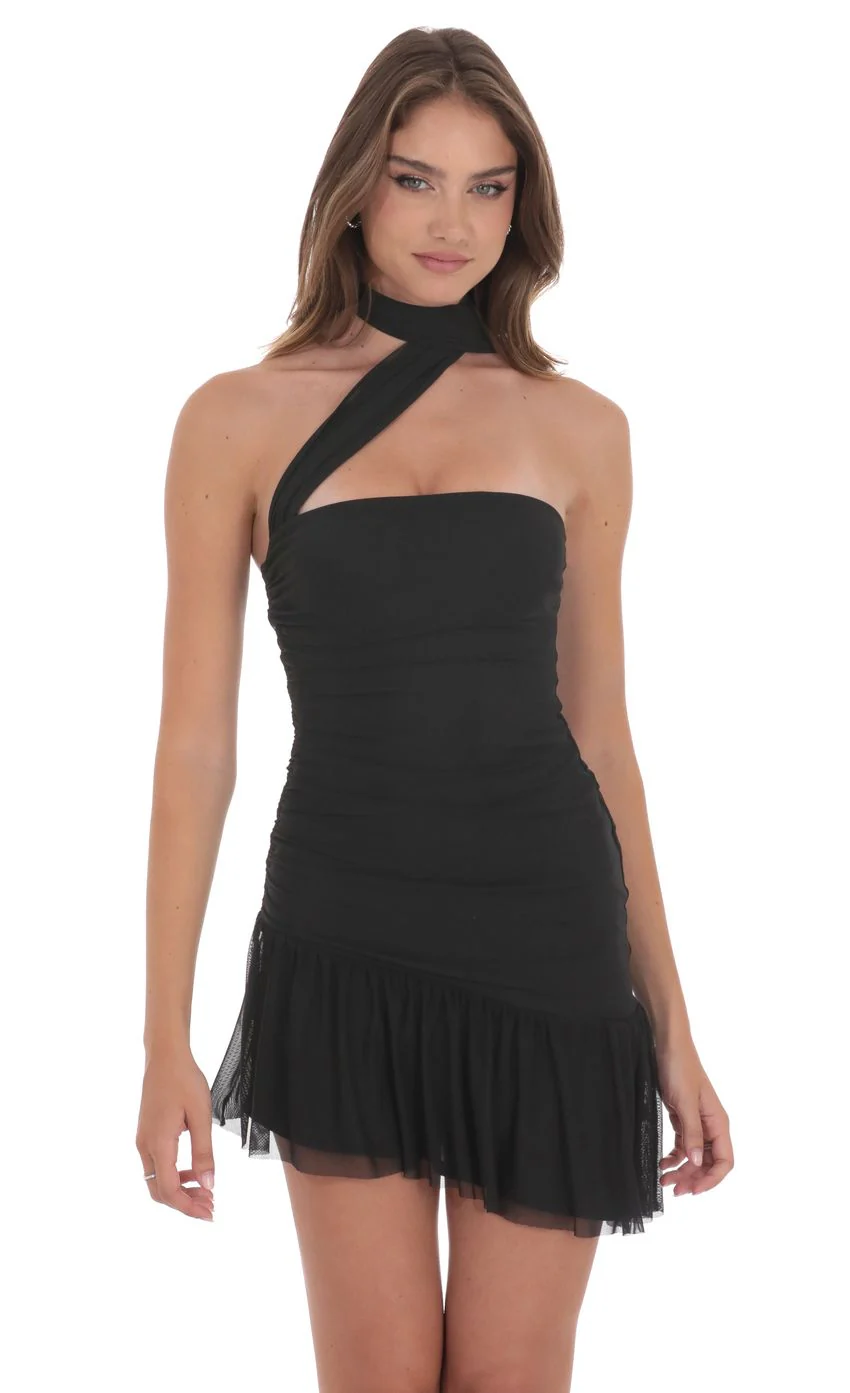 Asymmetrical Mesh Scarf Dress in Black