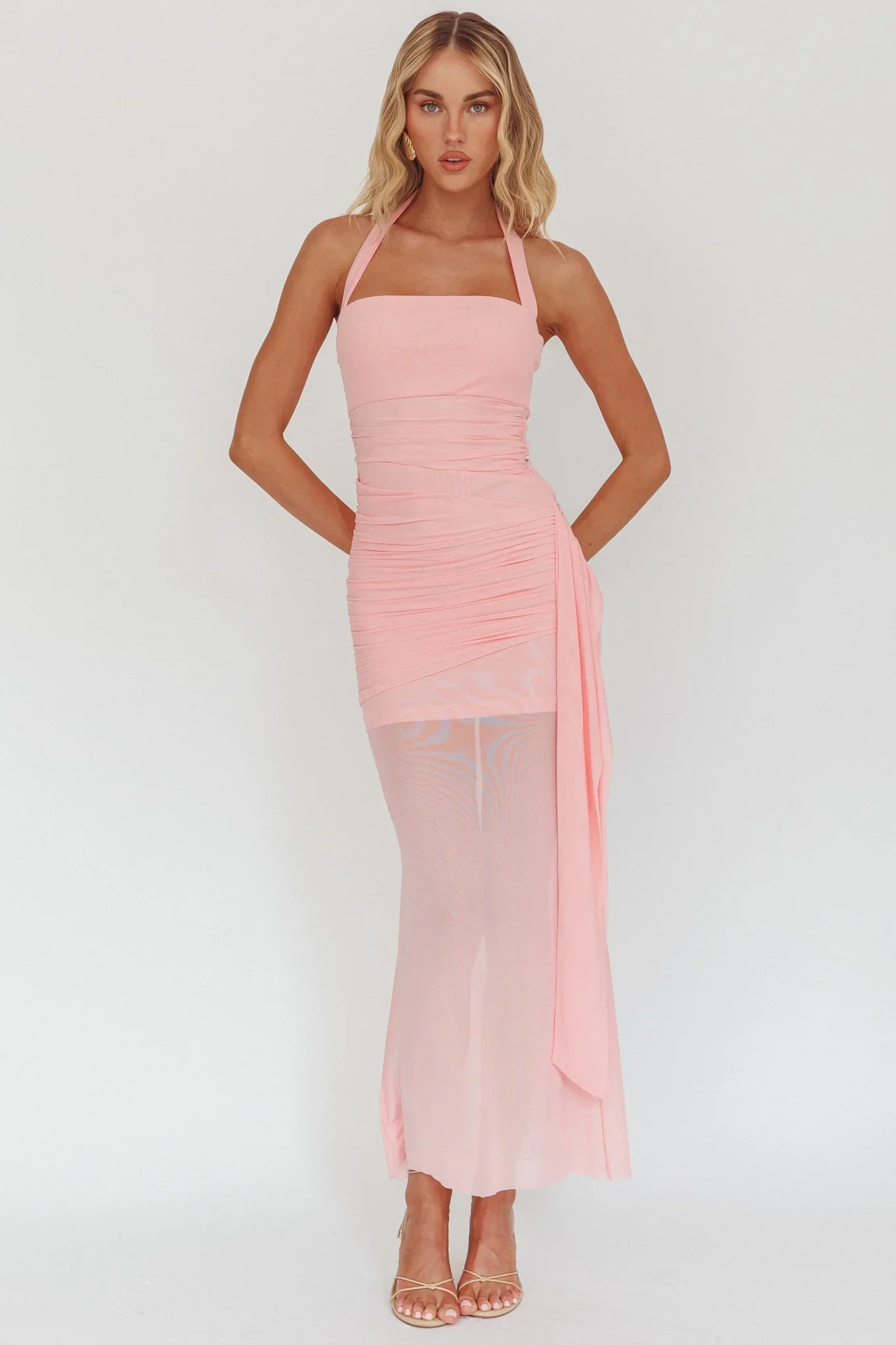 Rebekkah Halterneck Side Sash Maxi Dress Pink