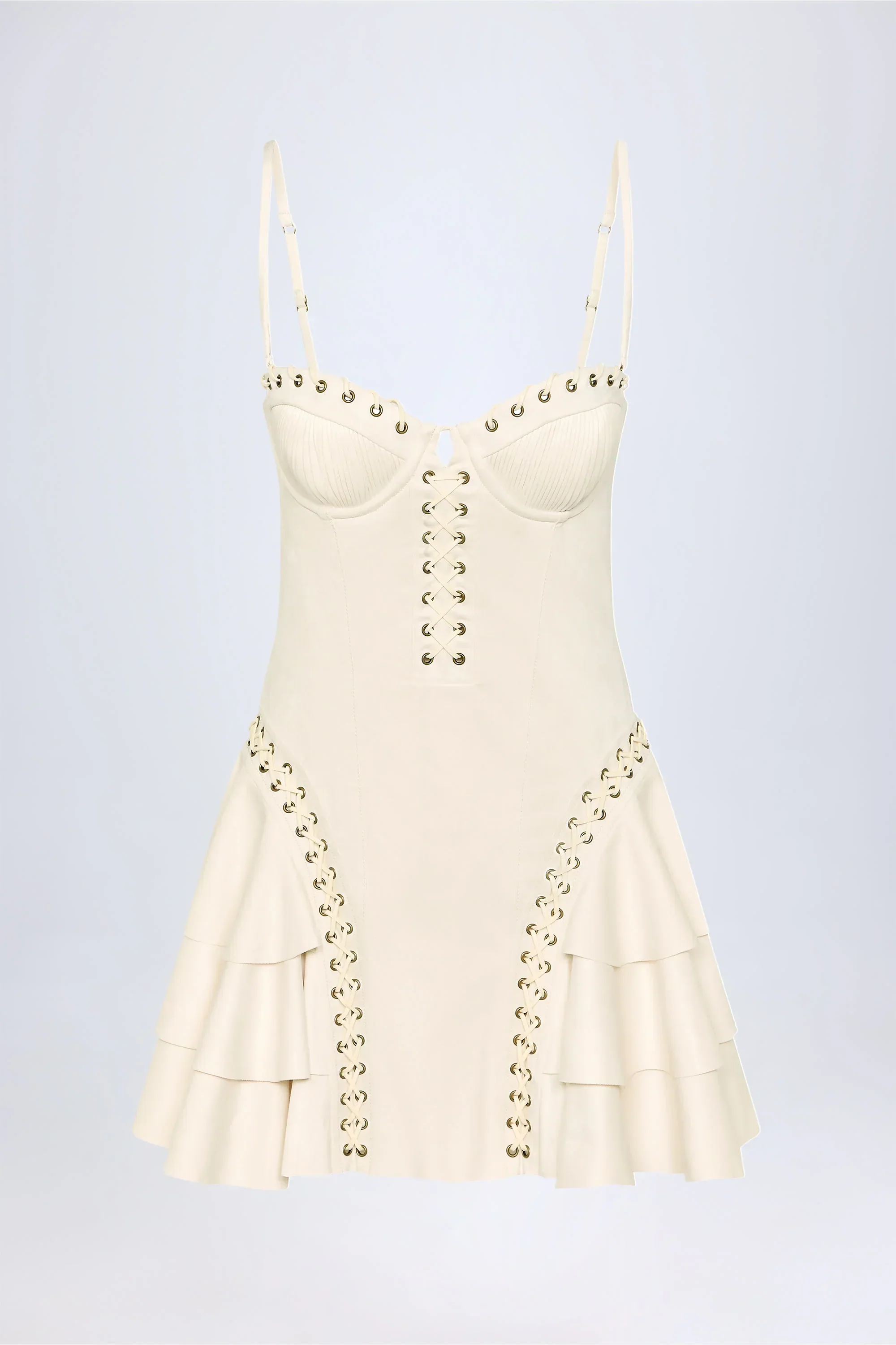 Lace-Up Tiered Corset Mini Dress in Ivory