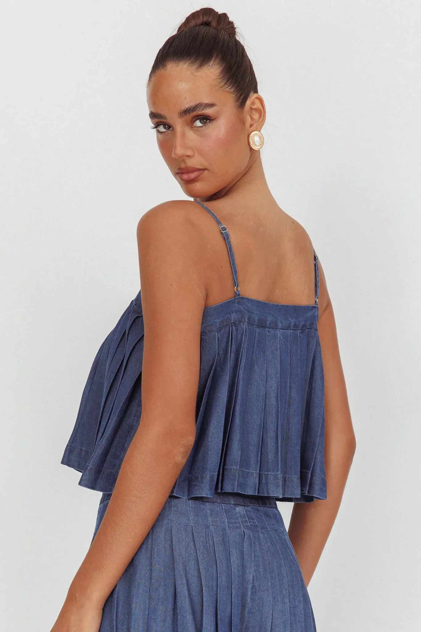 Country Girl Pleated Tie Top Dark Denim