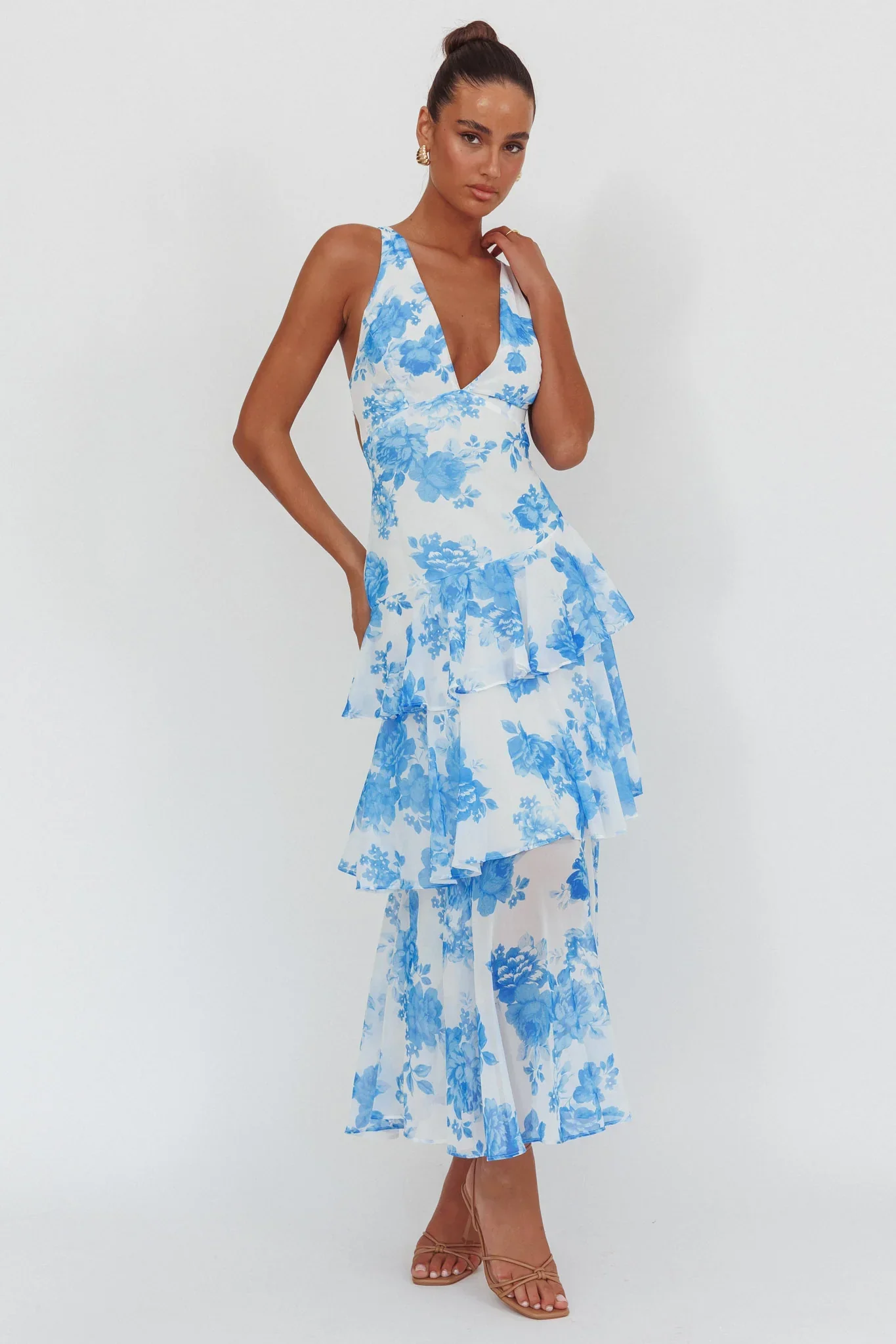 Veda Strappy Back Ruffle Maxi Dress Roses Blue