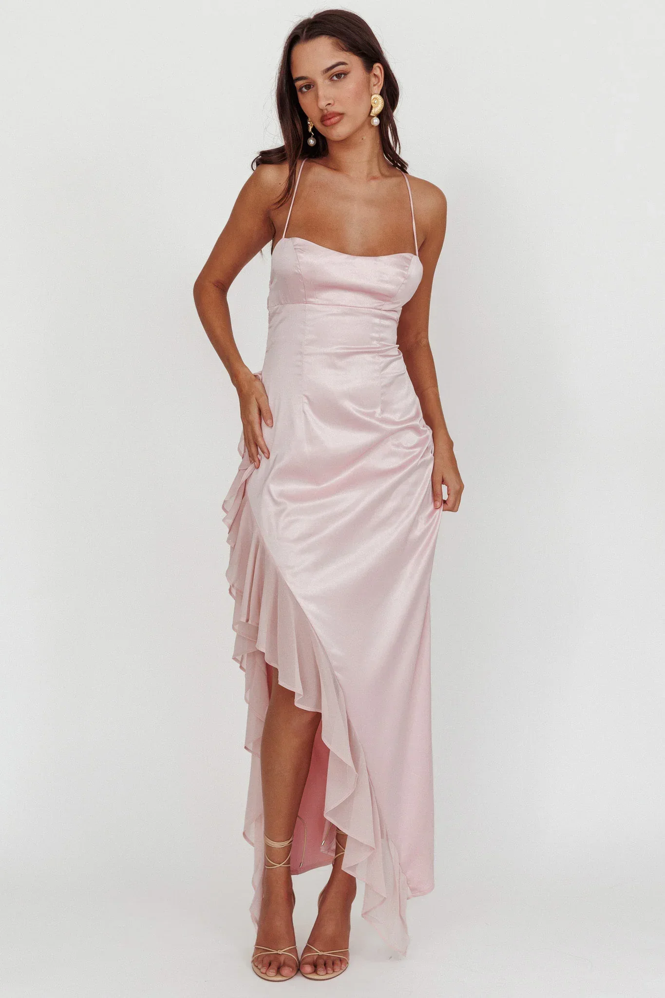 Katarina Satin Ruffle Hem Maxi Dress Cheek