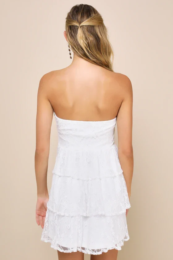 Sweet Perception White Lace Strapless Tiered Mini Dress