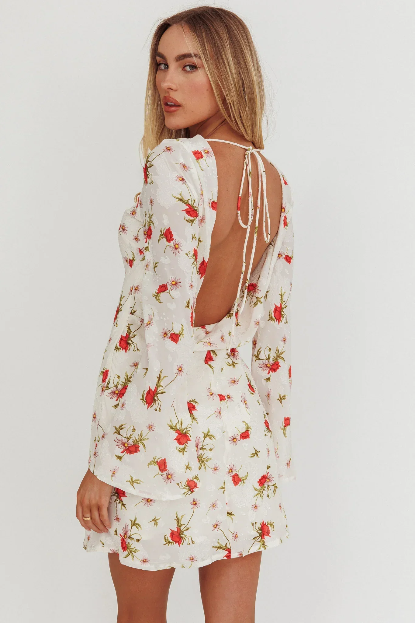 Thriller Long Sleeve Backless Mini Dress Floral White