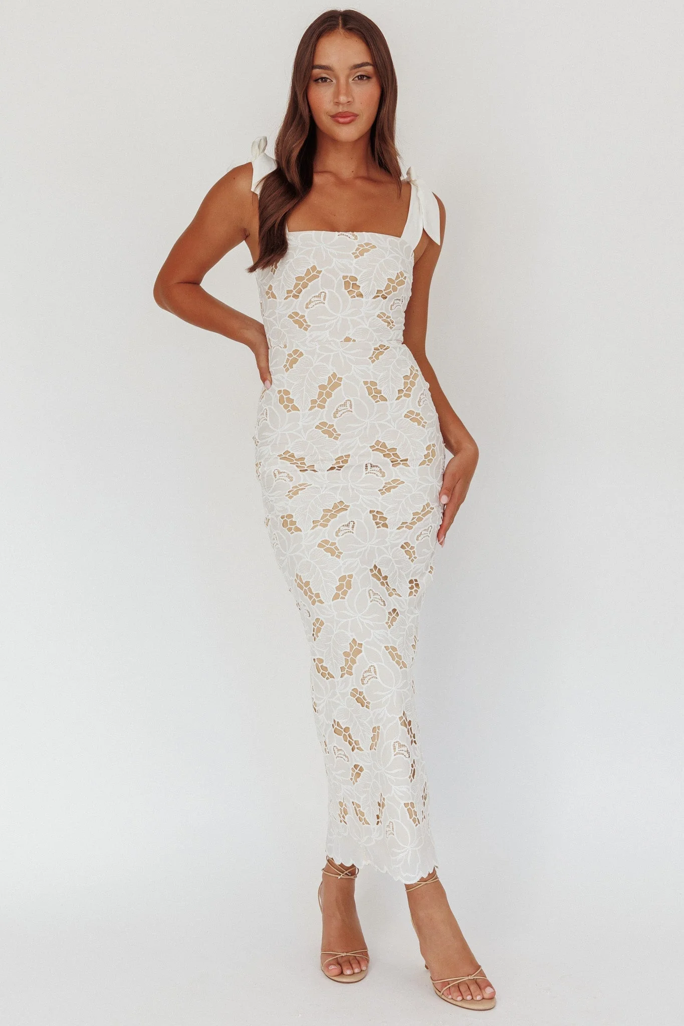 Coastal Bloom Tied Shoulder Maxi Dress Embroidered White
