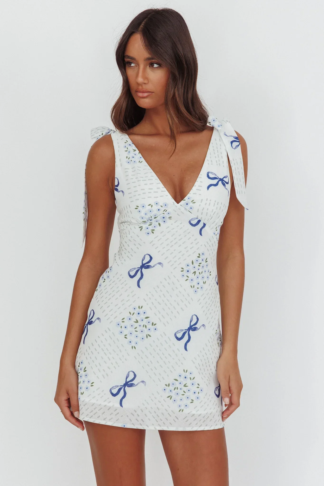 Mykonos Morning Tied Shoulder Mini Dress Bows Blue