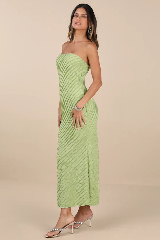 Faelyn Light Green Strapless Ruffled Midi Dress