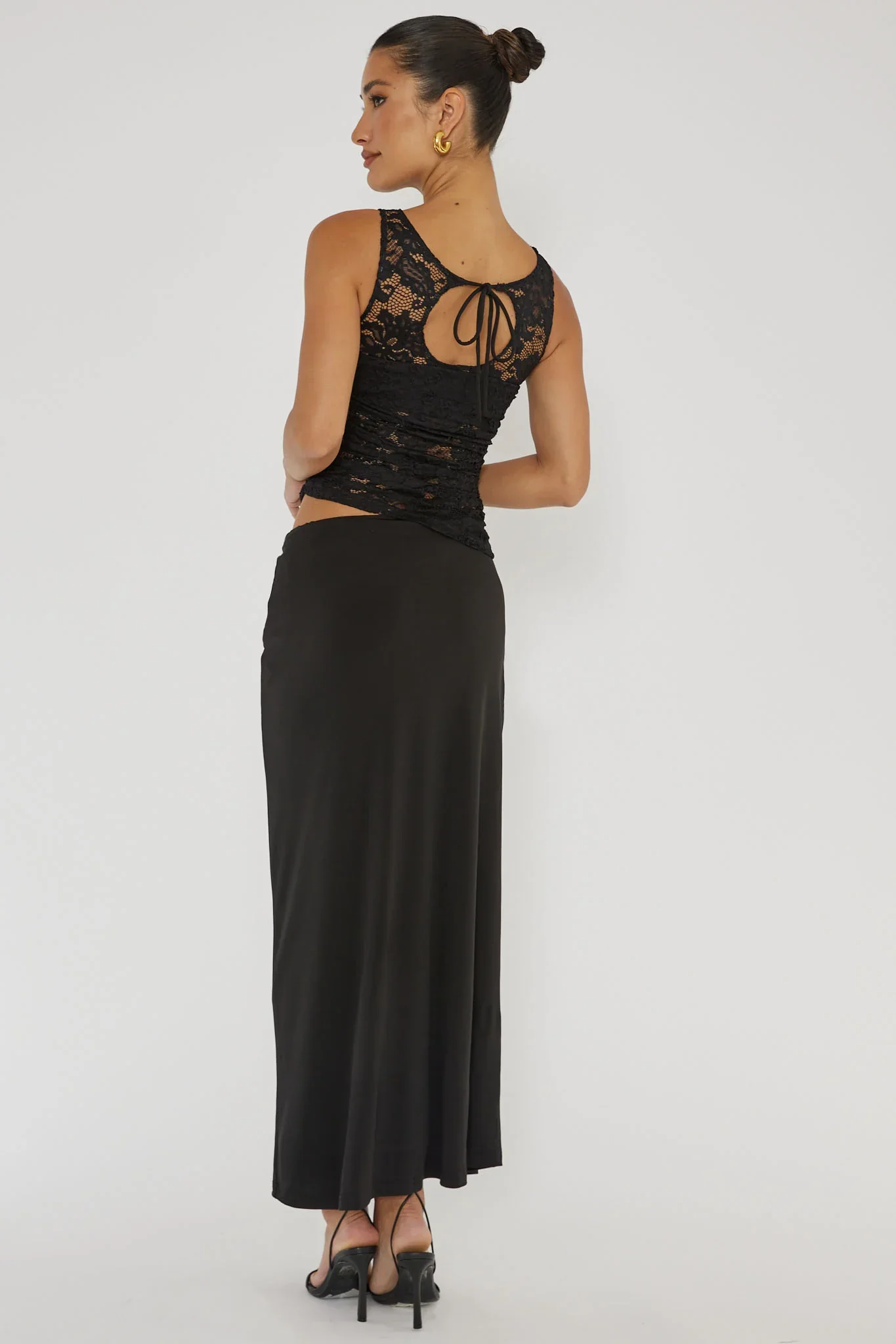 Lorely Ruched Lace Bodice Maxi Dress Black