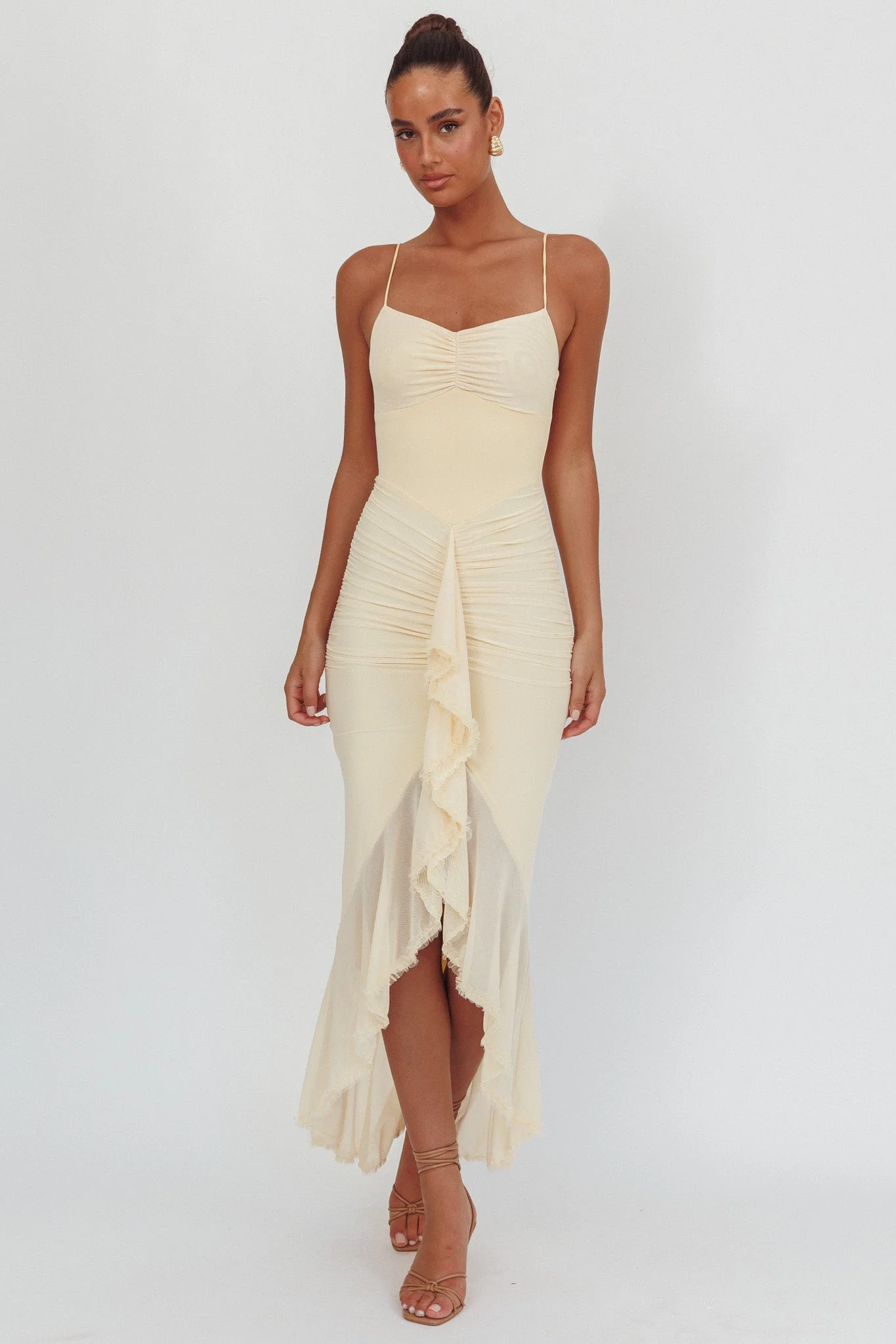 Kamilah Gathered Cascading Ruffle Midi Dress Butter