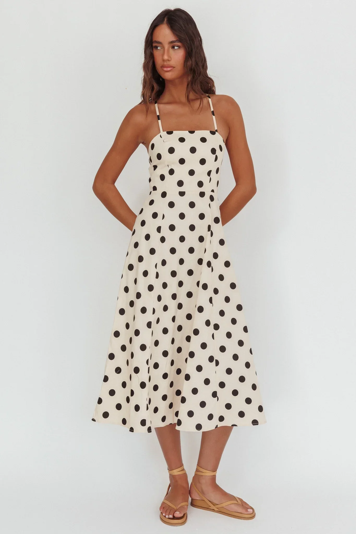 Second Glance Olga Criss-Cross Back Midi Dress Polka Dot Beige