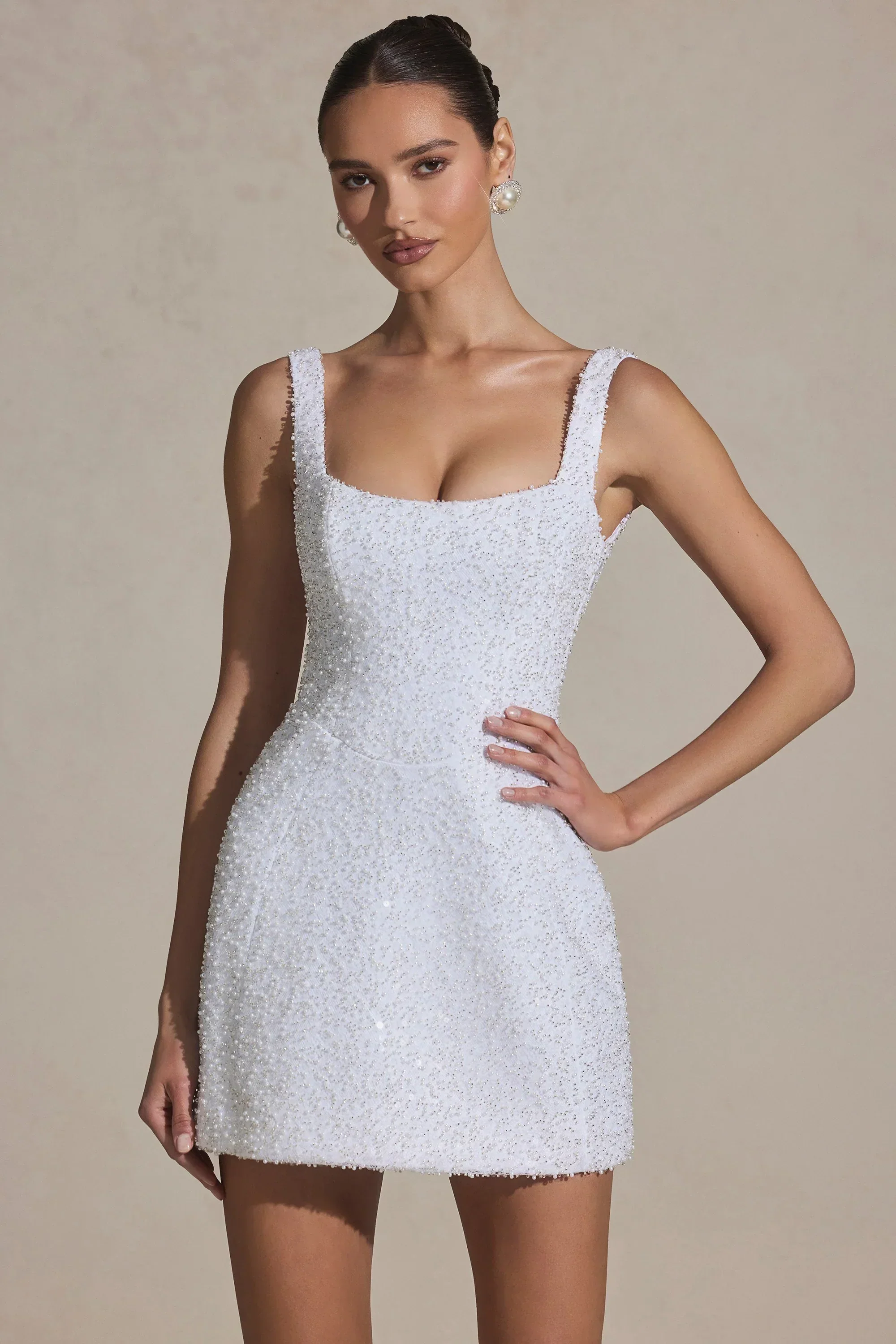 Embellished Structured A-Line Mini Dress in White