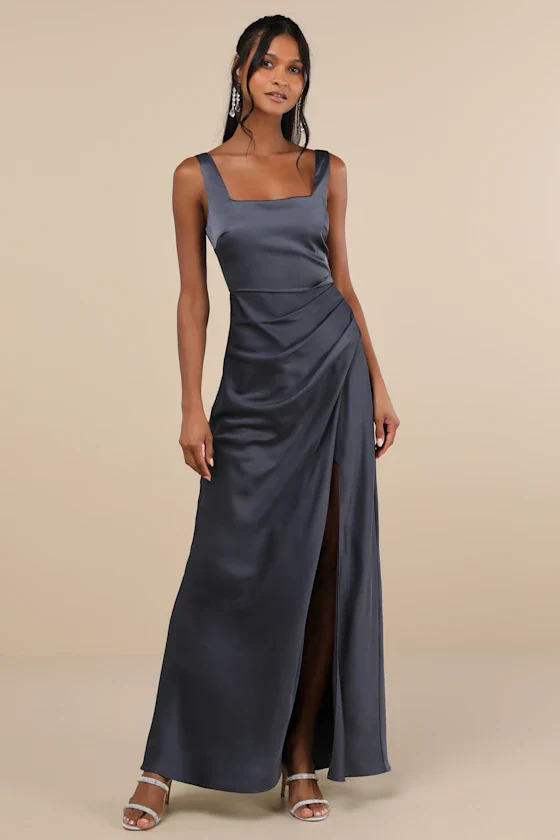 Red Carpet Romance Dark Grey Satin Square Neck Maxi Dress