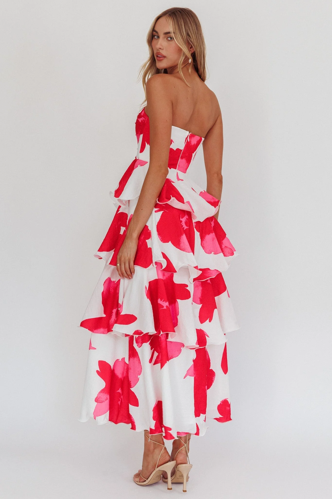 Giavana Strapless Layered Midi Dress Floral Red
