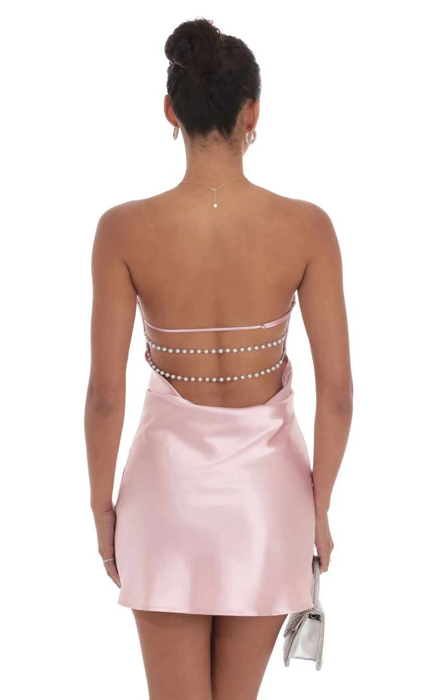 Satin Pearl Open Back Dress in Pink