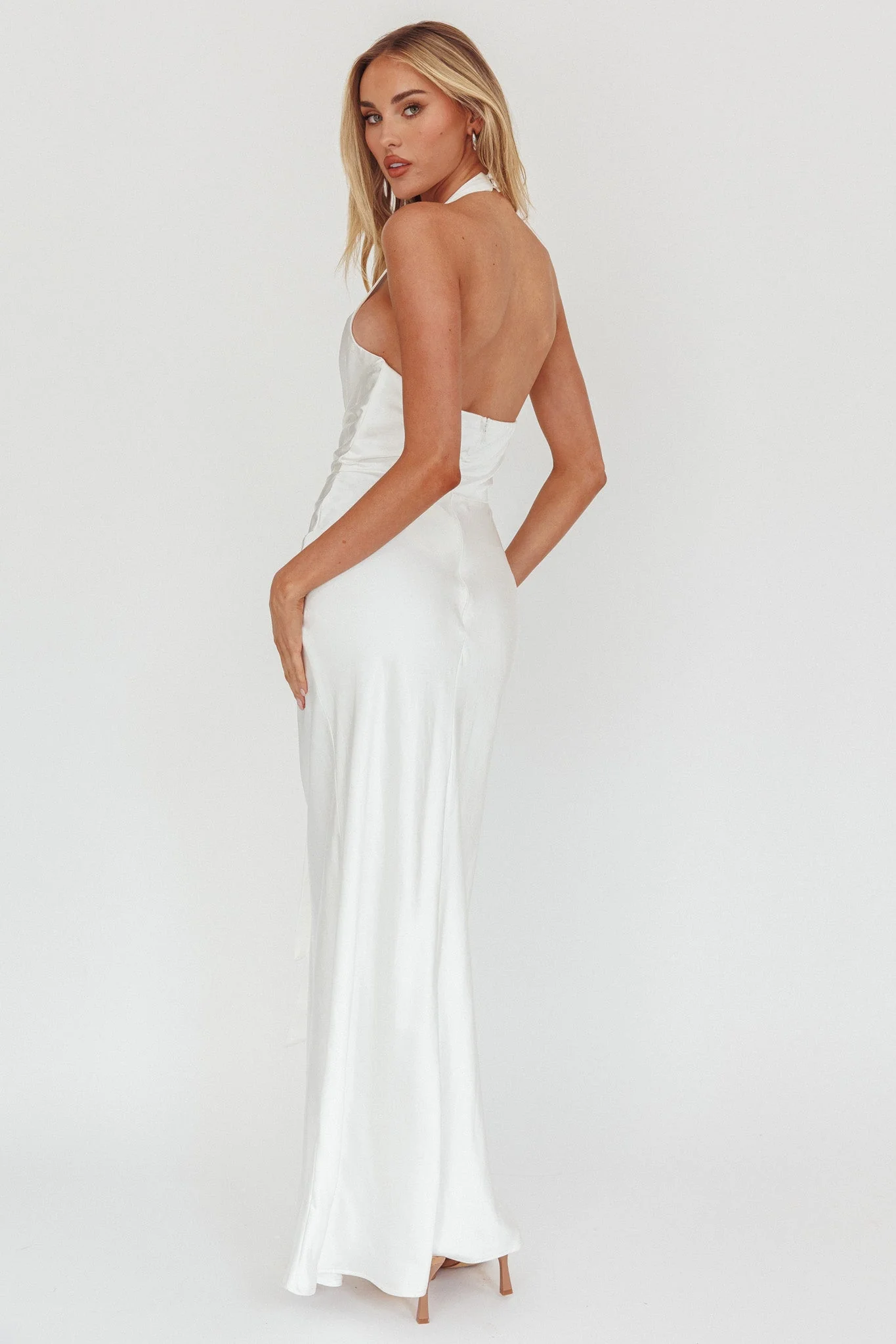 Make Believe Plunging Halterneck Maxi Dress Oyster