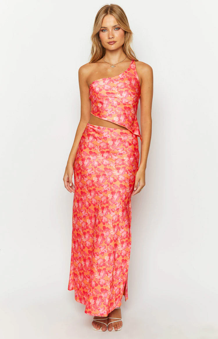 Claudi Orange And Pink Satin Maxi Skirt