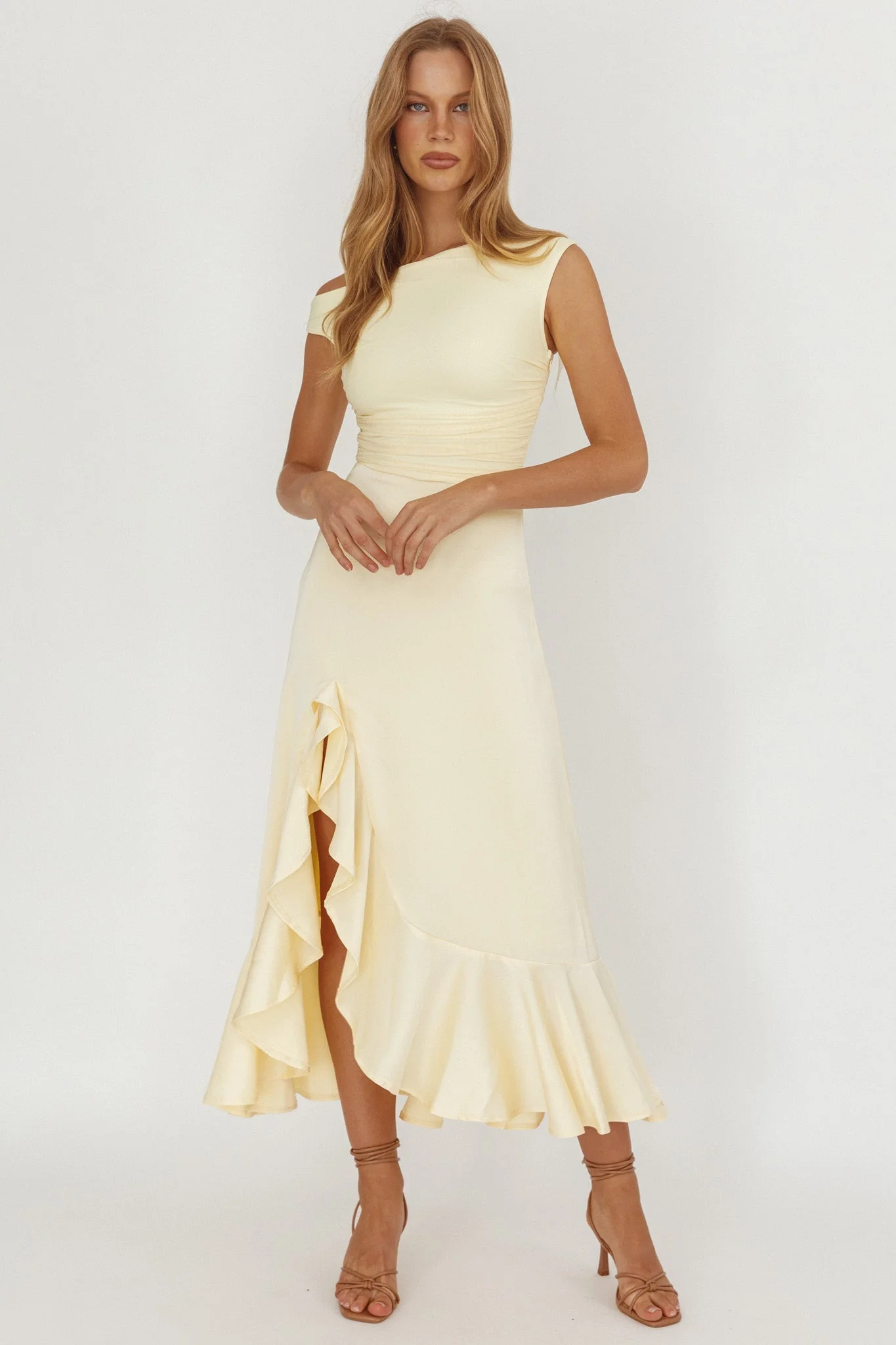 Moonlit Magic Asymmetric Neckline Satin Ruffle Dress Butter
