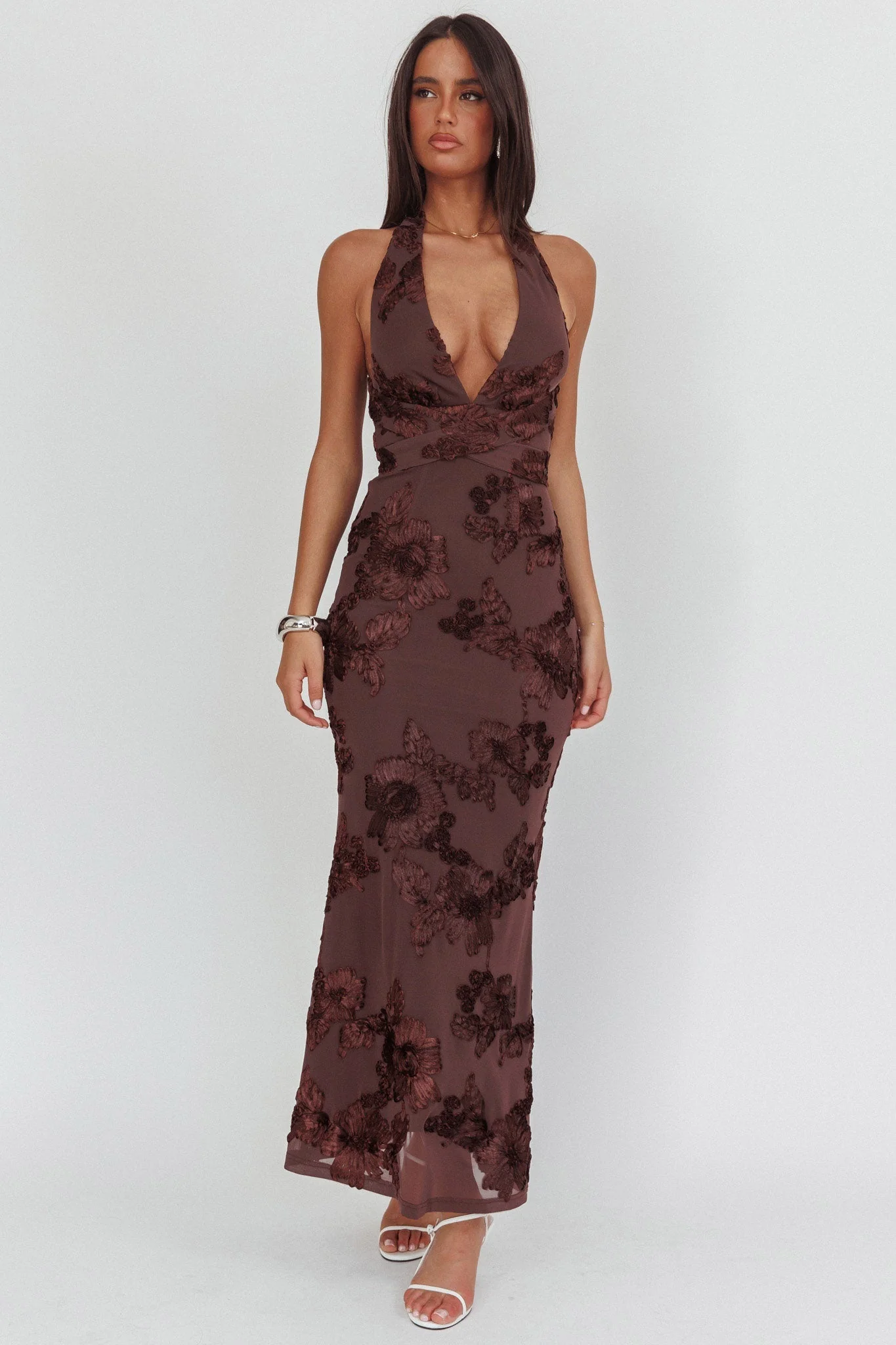 Cipriana Backless Halter Maxi Dress Embellished Brown