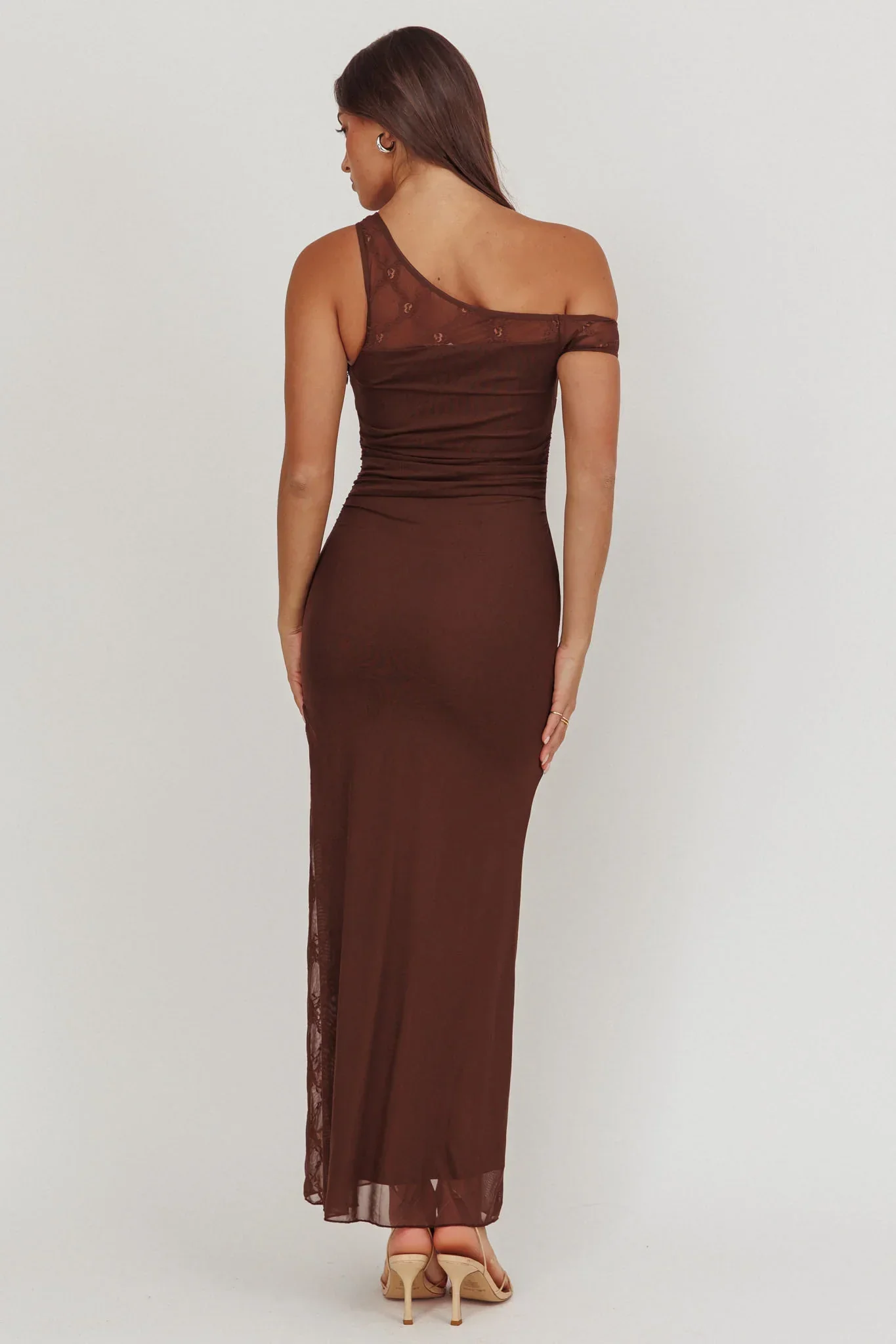 Sher One-Shoulder Lace Panel Maxi Dress Chocolate