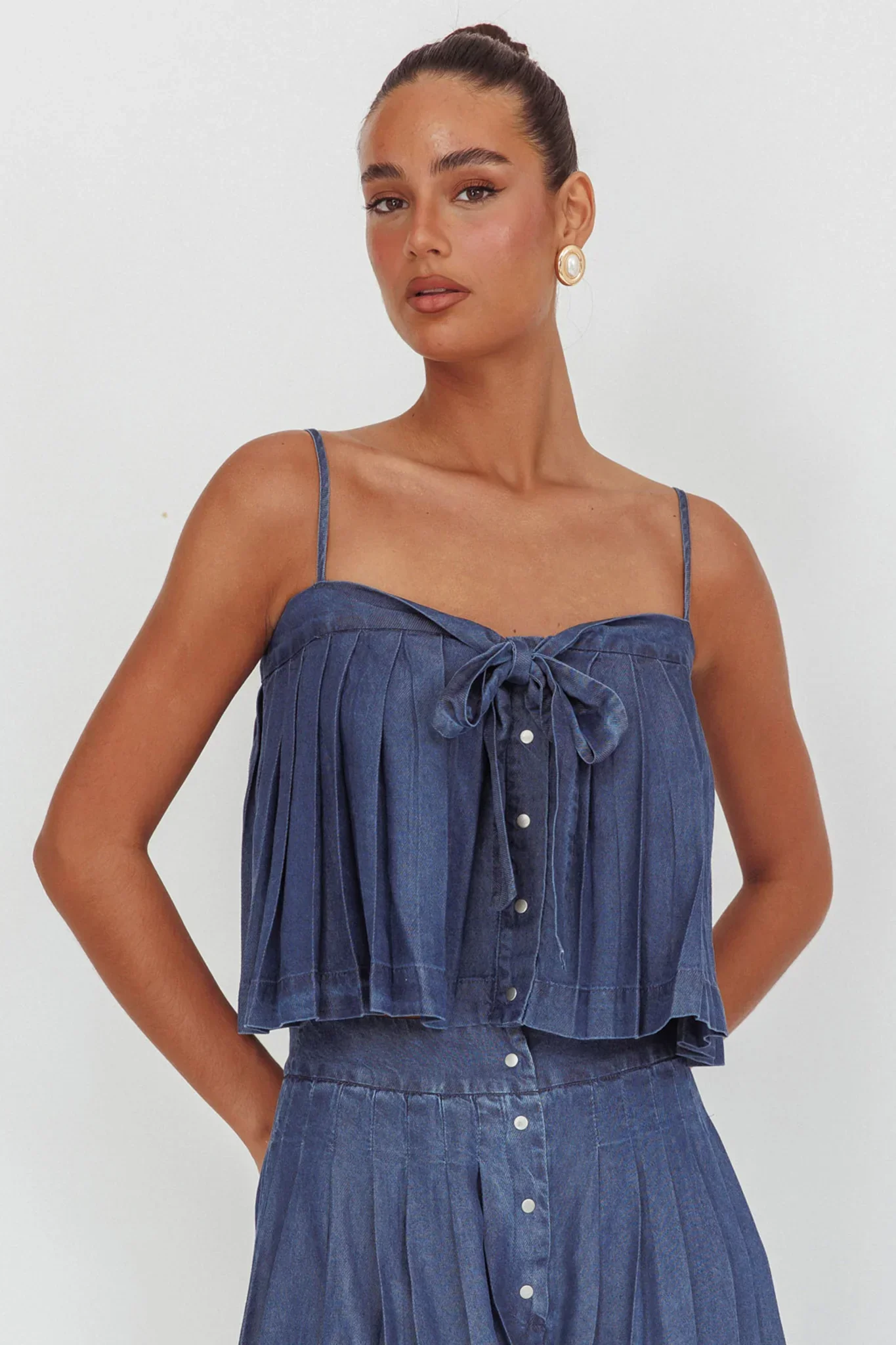 Country Girl Pleated Tie Top Dark Denim