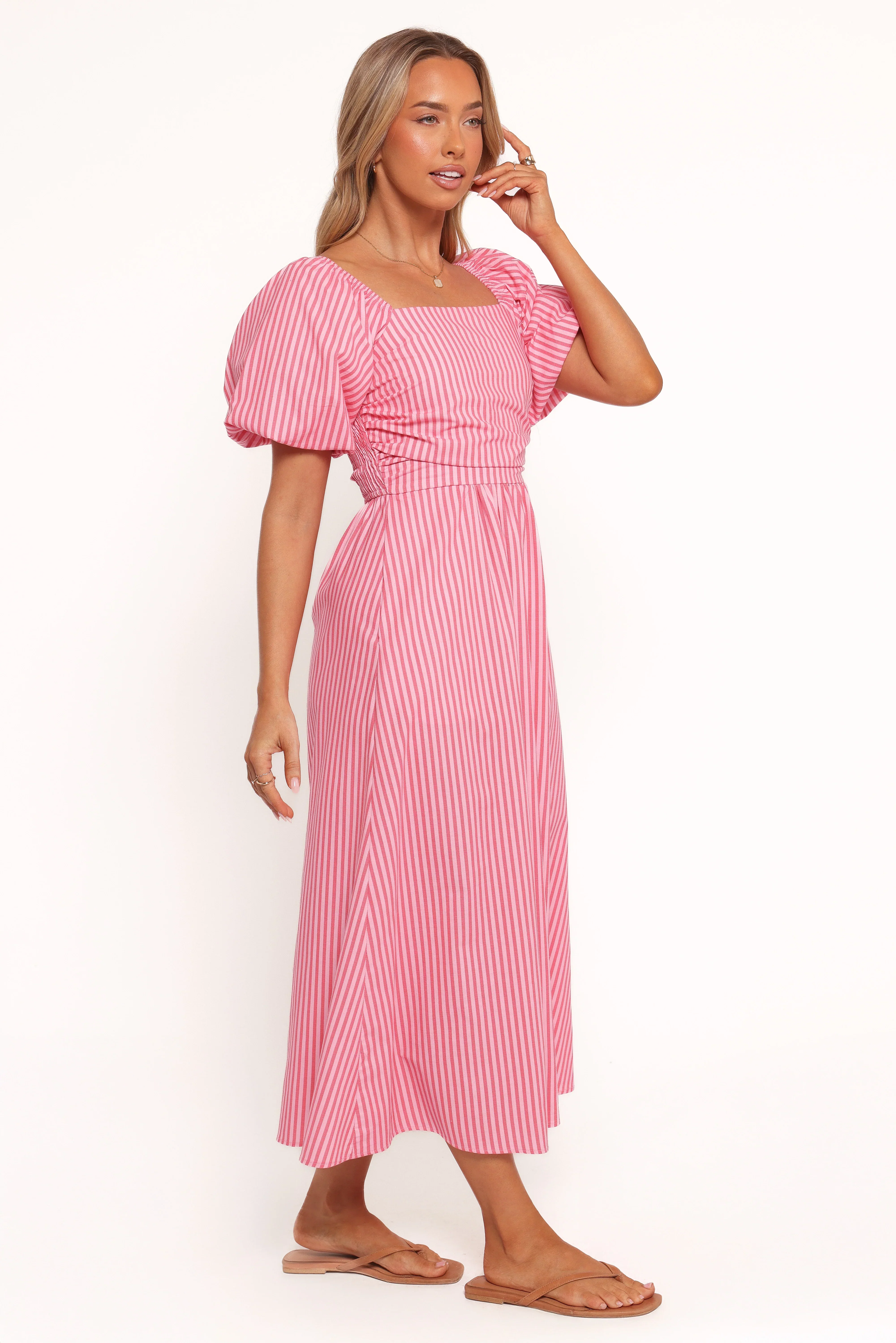 Chlo Puff Sleeve Midi Dress - Red Stripe