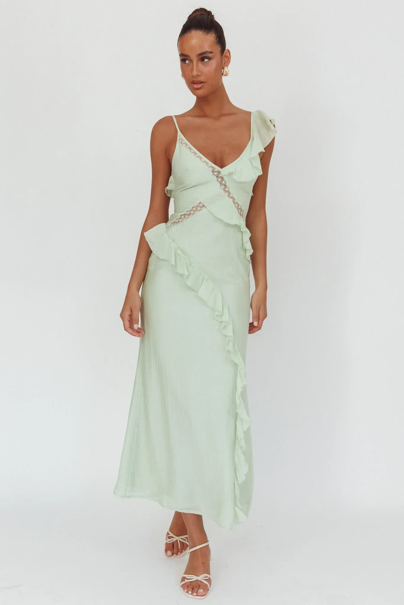 La Estrella Ruffle And Lace Trim Maxi Dress Sage