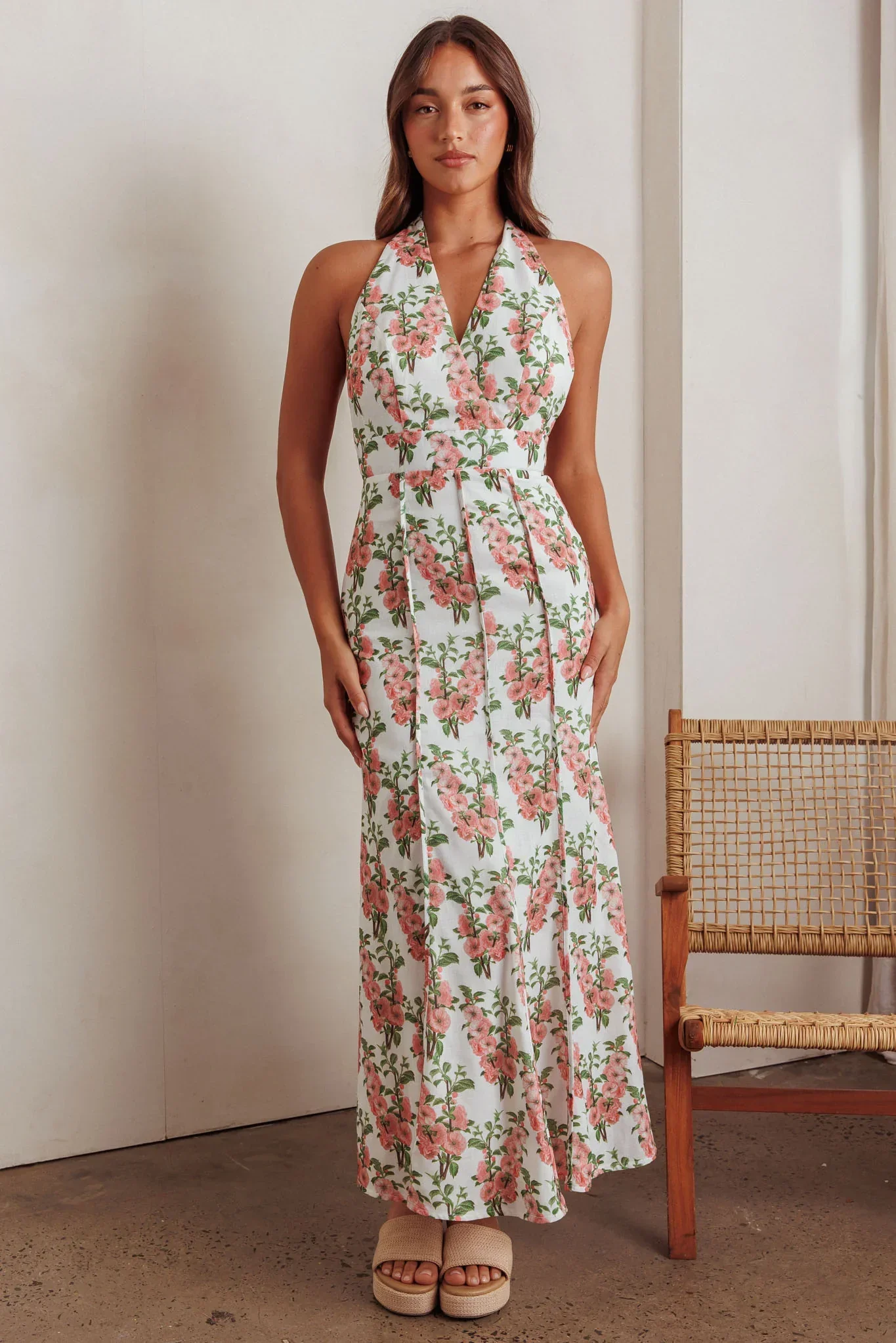 Love Bomb Pintuck Pleat Halterneck Maxi Dress Floral Pink