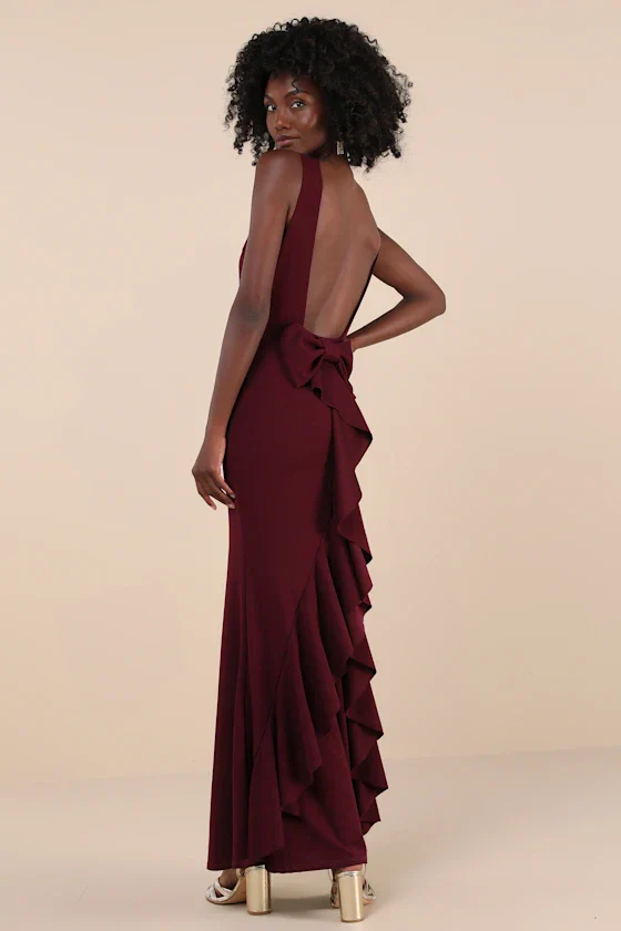 Exquisite Refinement Plum Purple Backless Bow Ruffled Maxi Dress