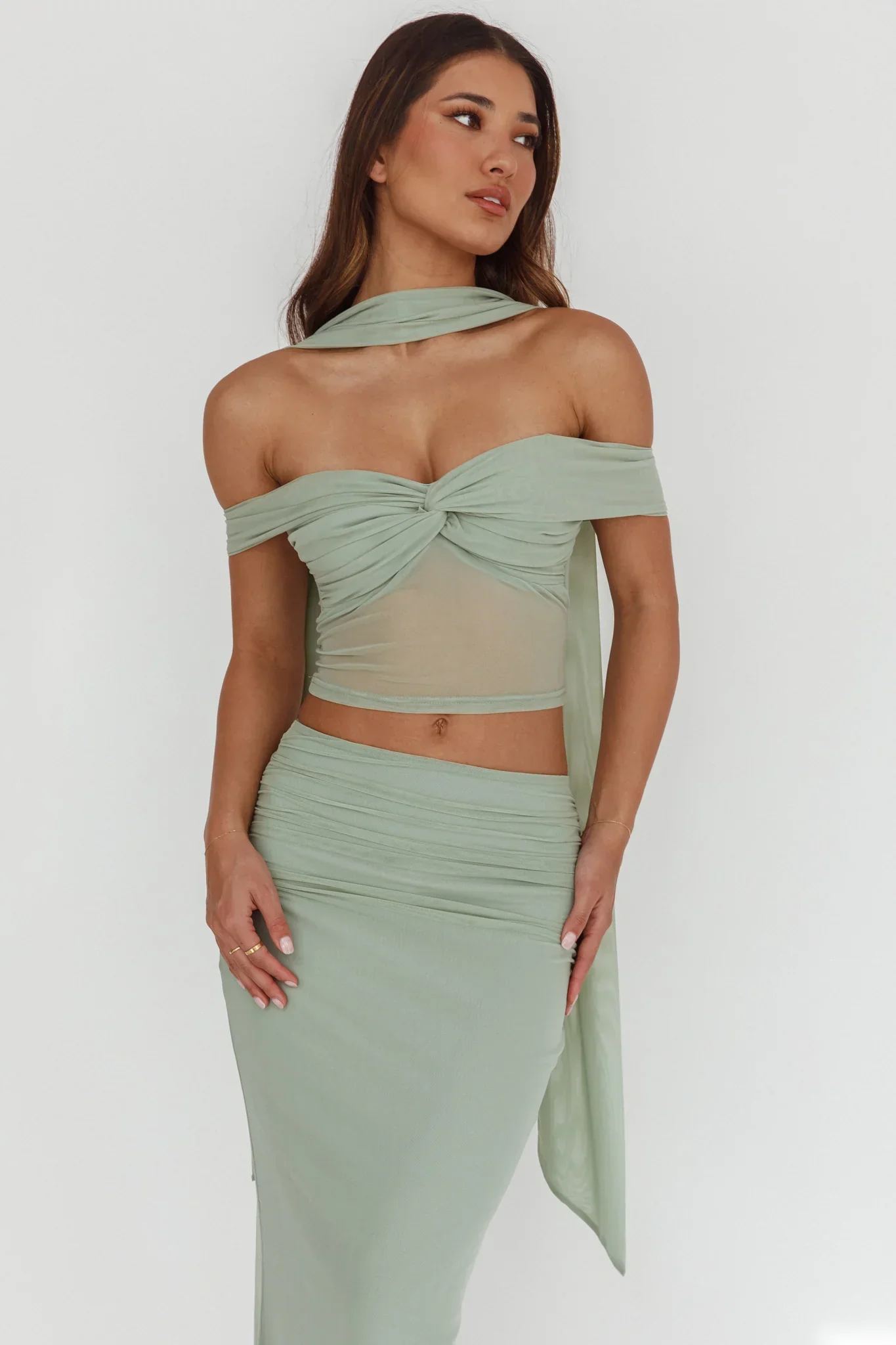 All The Lights Off-Shoulder Crop Top Sage