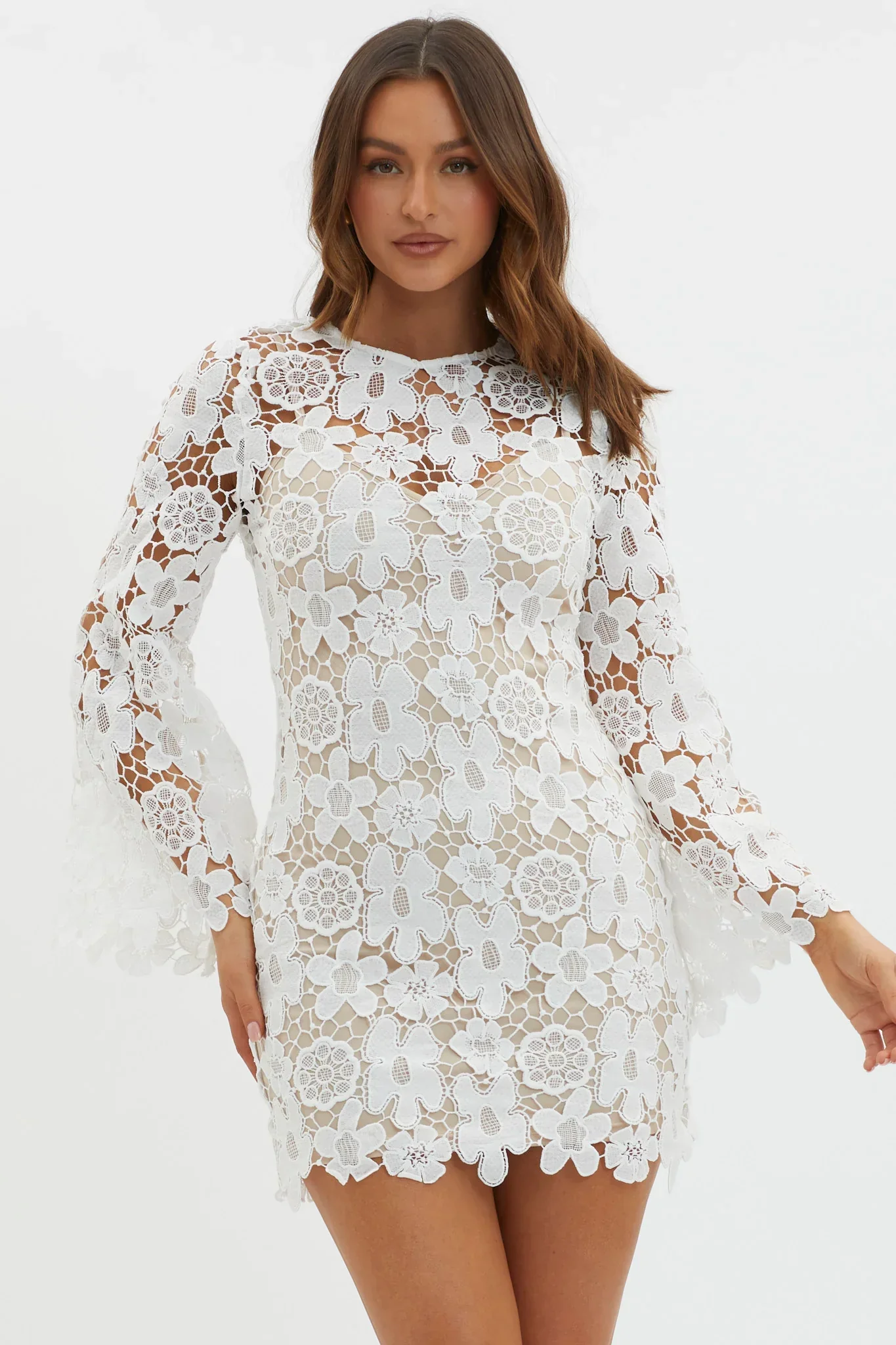 Reinhart Flared Sleeve Crochet Lace Dress White