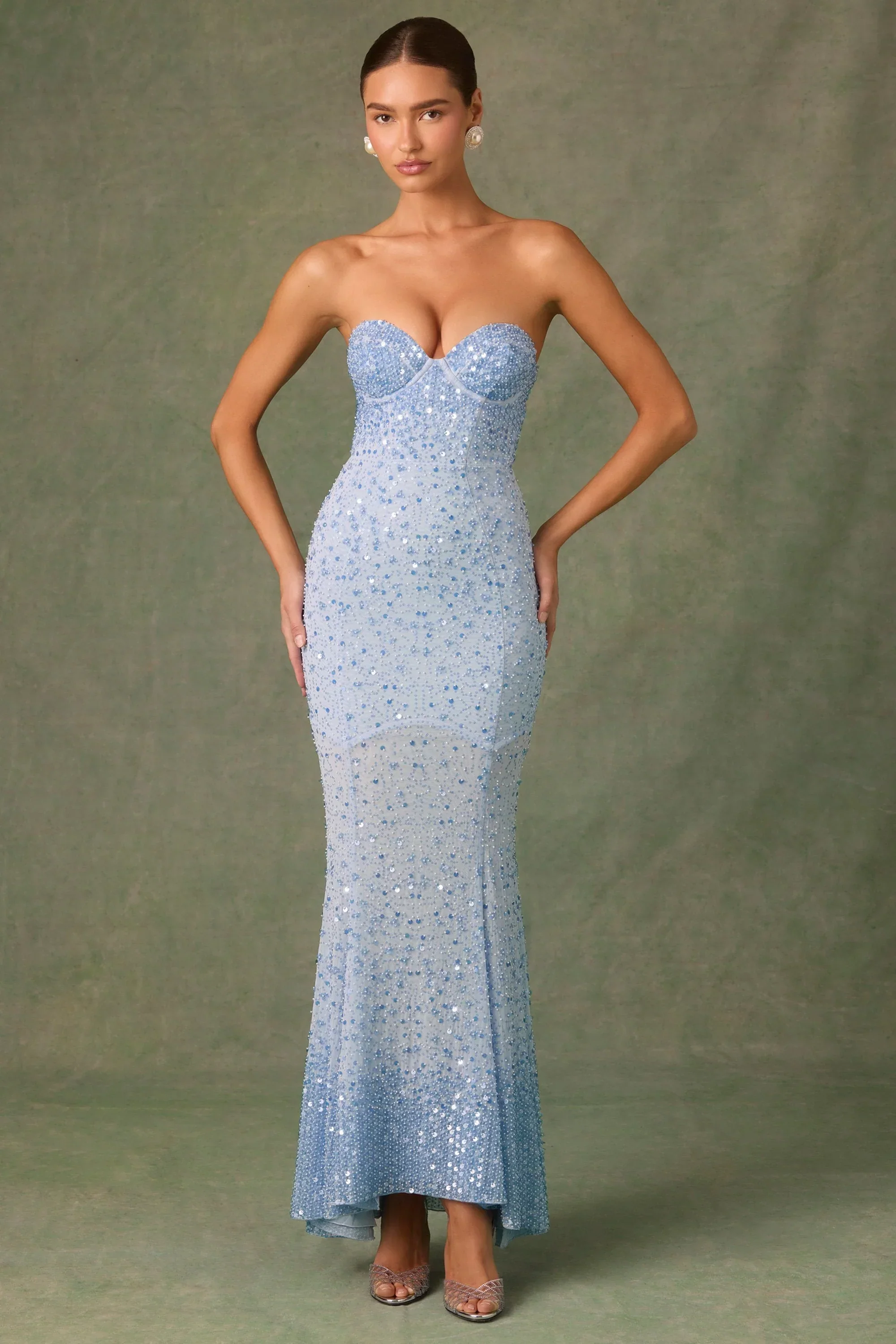 Embellished Sweetheart-Neck Fishtail Gown in Sky Blue