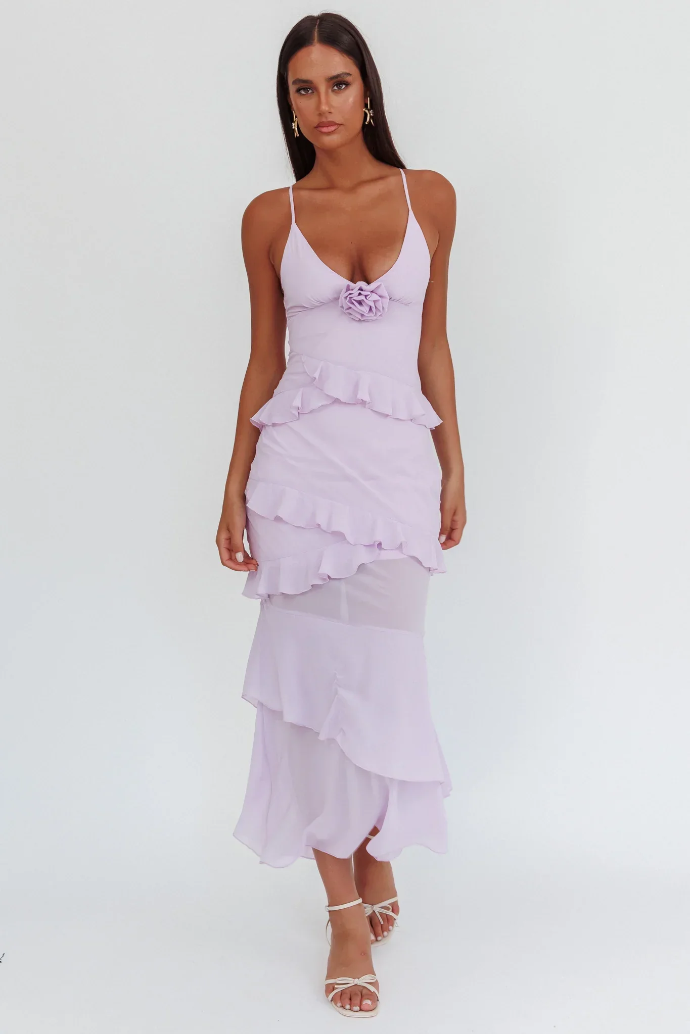 Marlie Frill Trim Rosette Maxi Dress Lilac