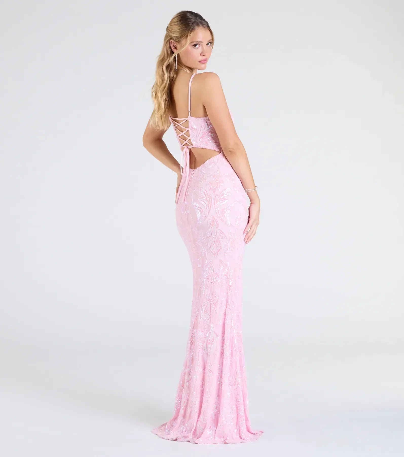 Tarna Lace-Up Bead Sequin Mermaid Formal Dress