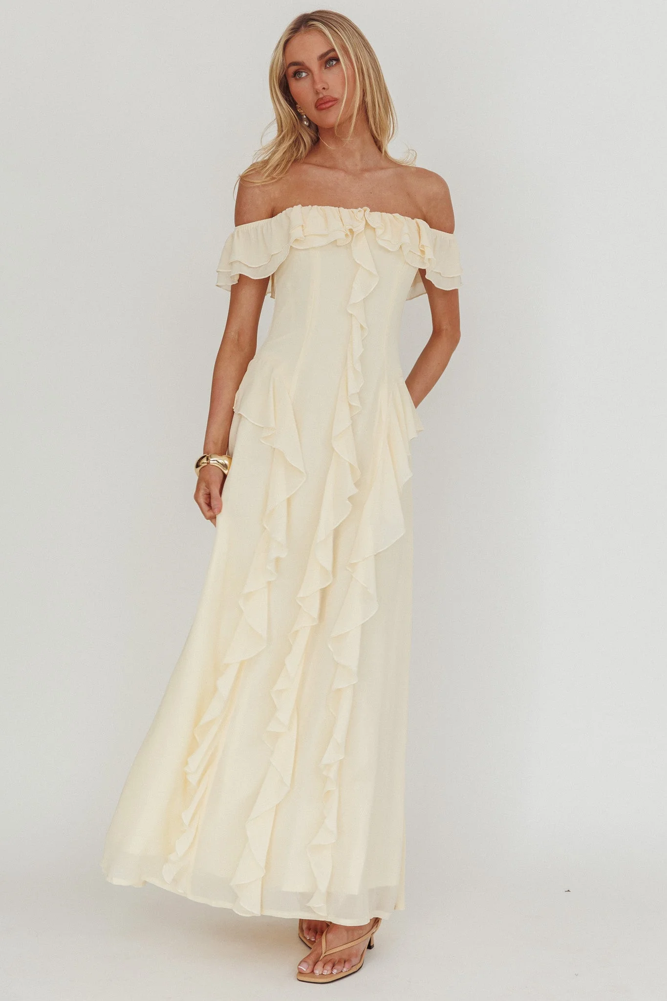 Scarlet Off-Shoulder Ruffle Trim Maxi Dress Butter