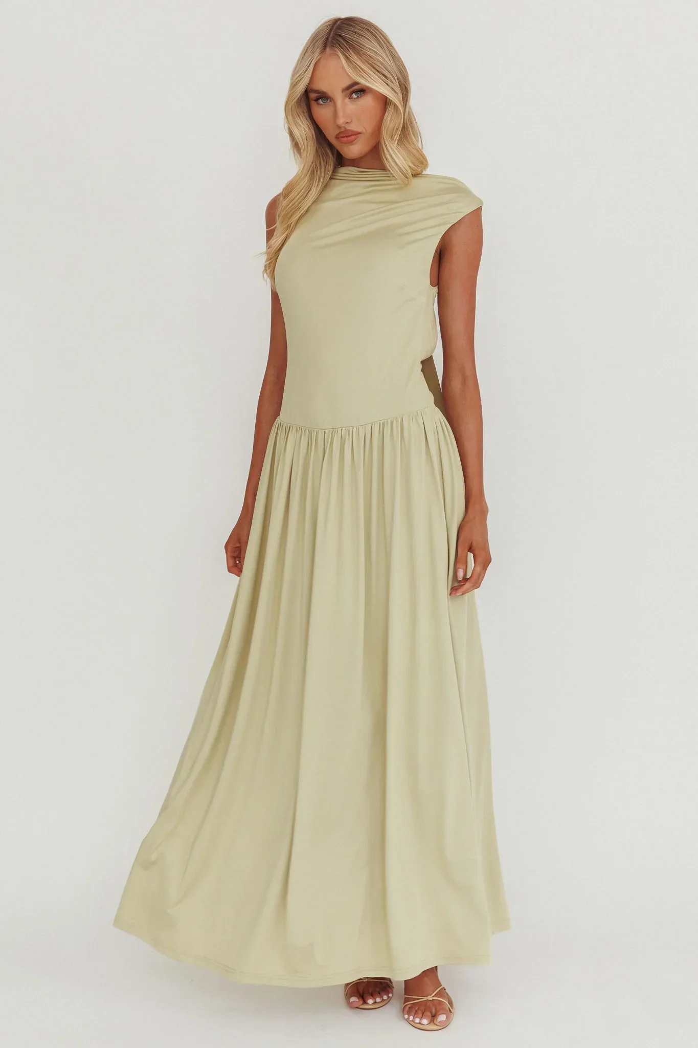 Dorothea High Cowl Open Back Maxi Dress Sage