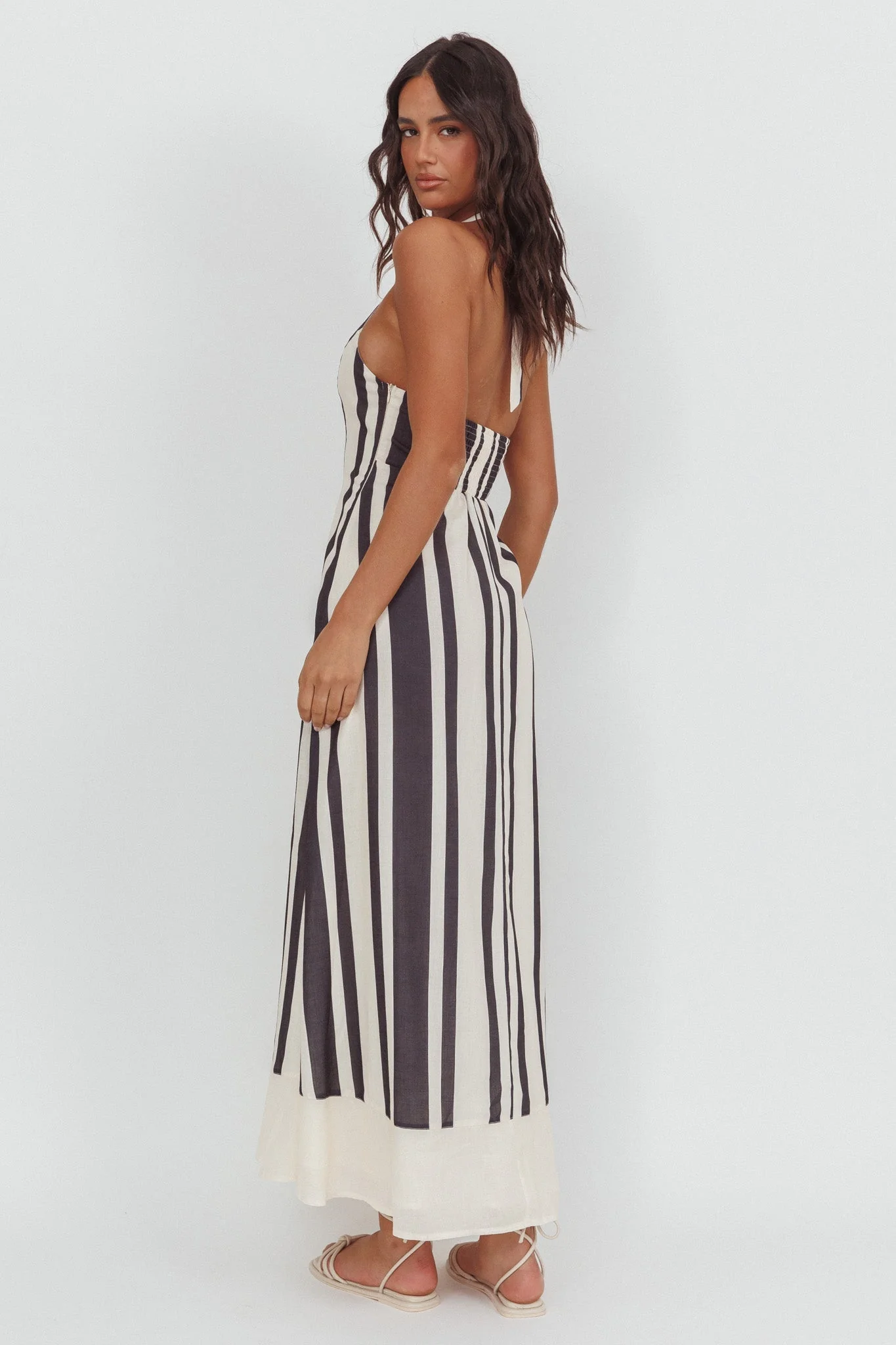 Florie Scoop Neck Halter Maxi Dress Stripe Black