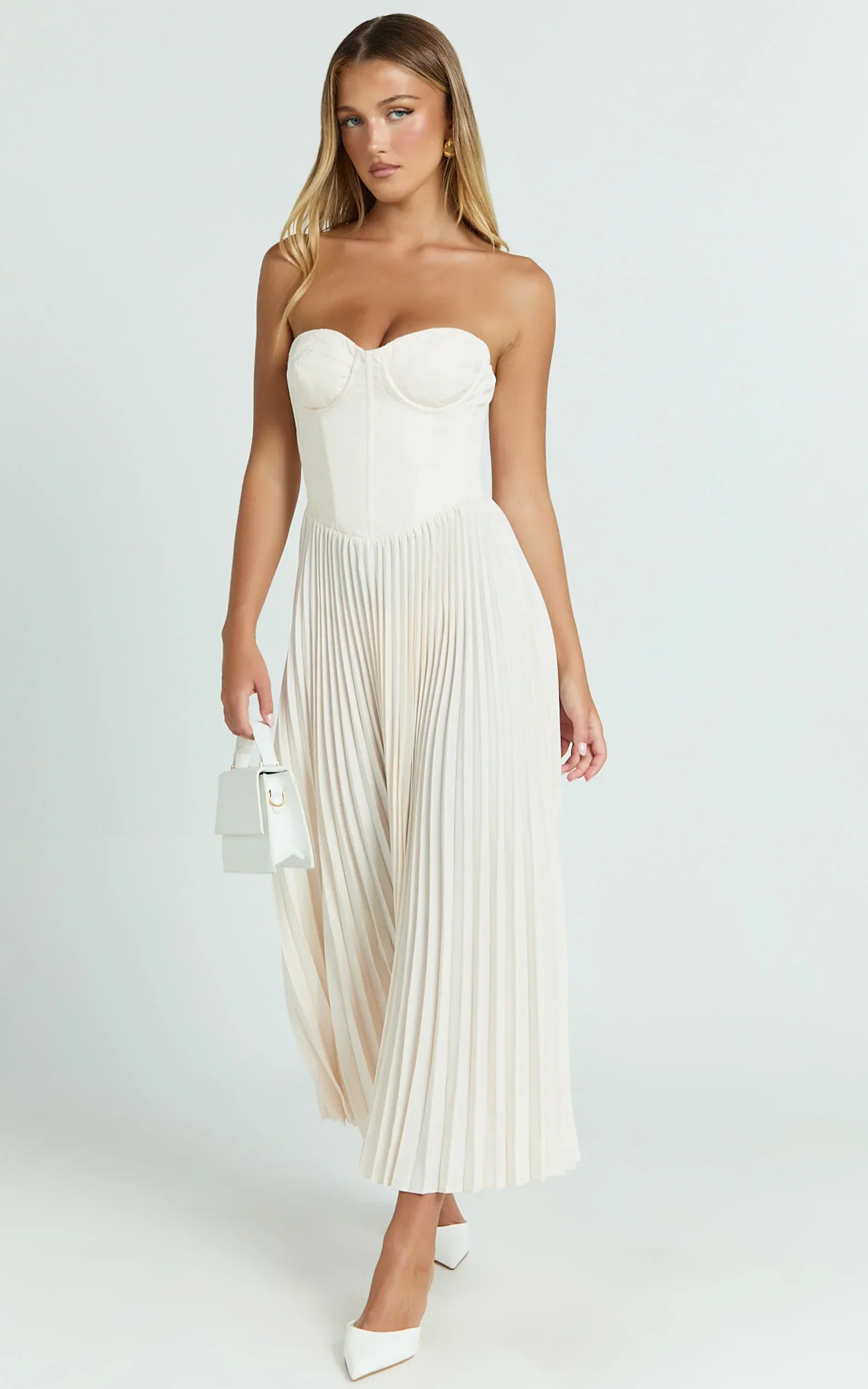 Loretta Midi Dress Lace Up Back Bustier Pleated Dress in Cream