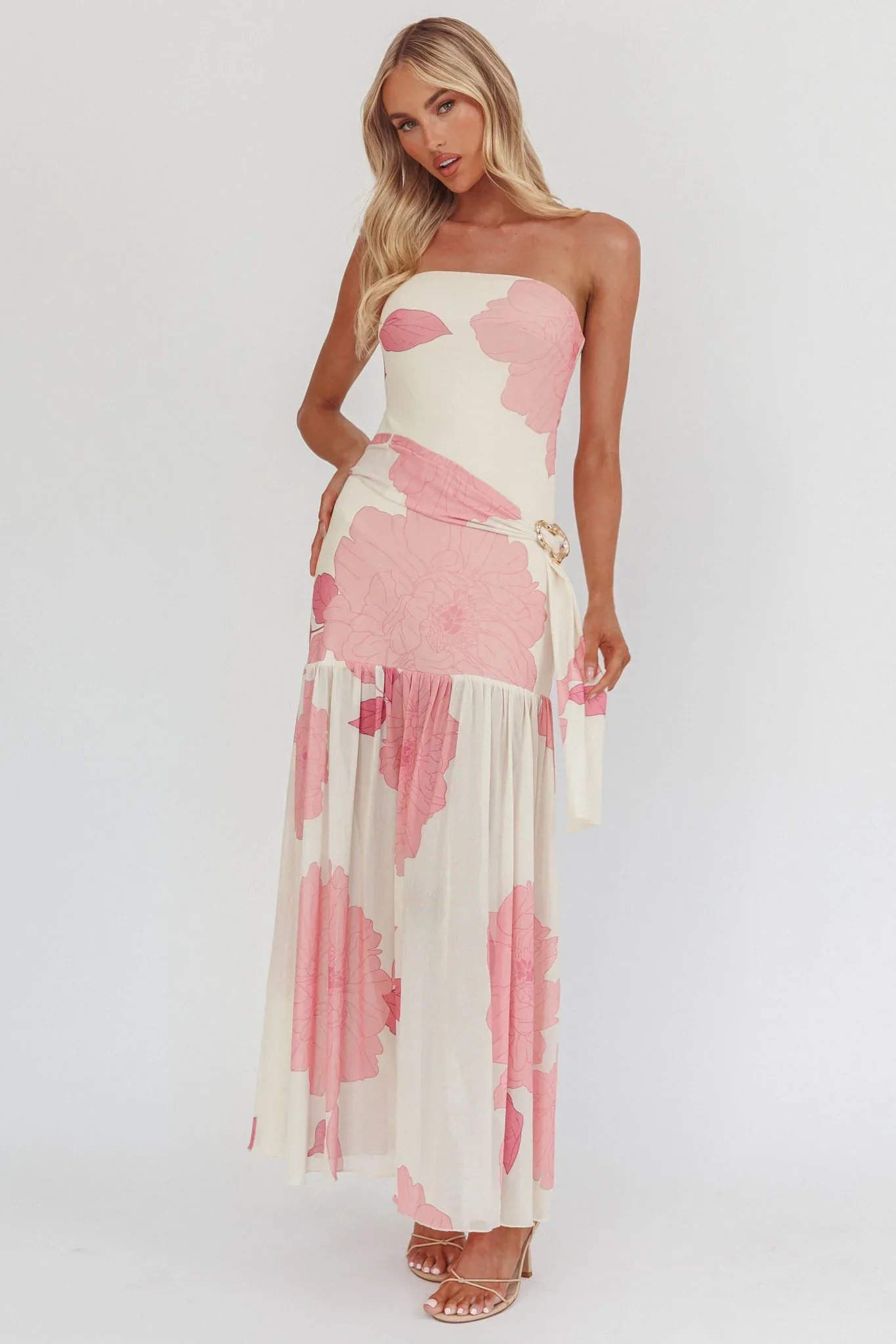 Antonella Strapless Waist Sash Maxi Dress Floral Pink