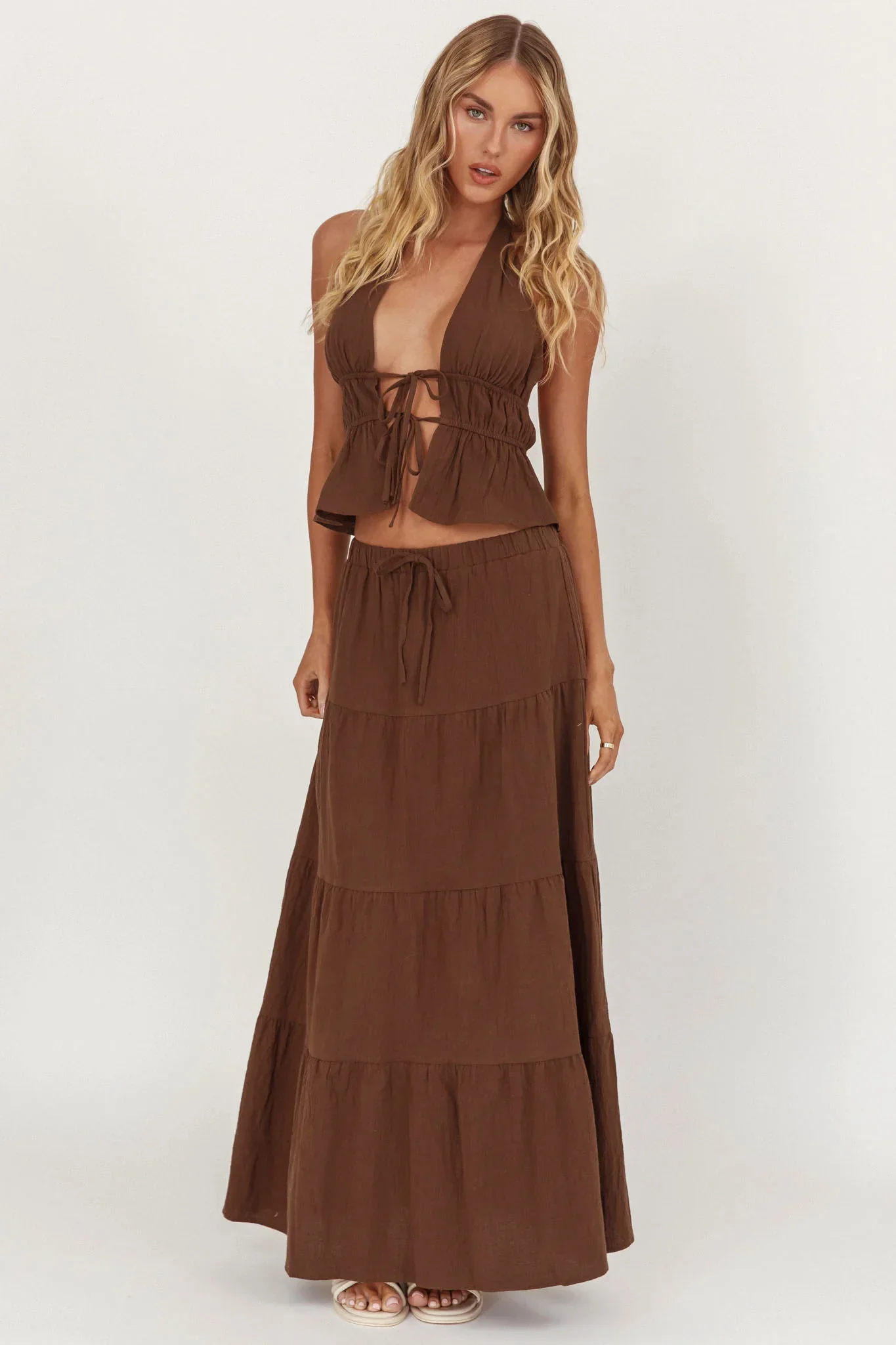 Under The Moons Tie Waist Maxi Skirt Cocoa