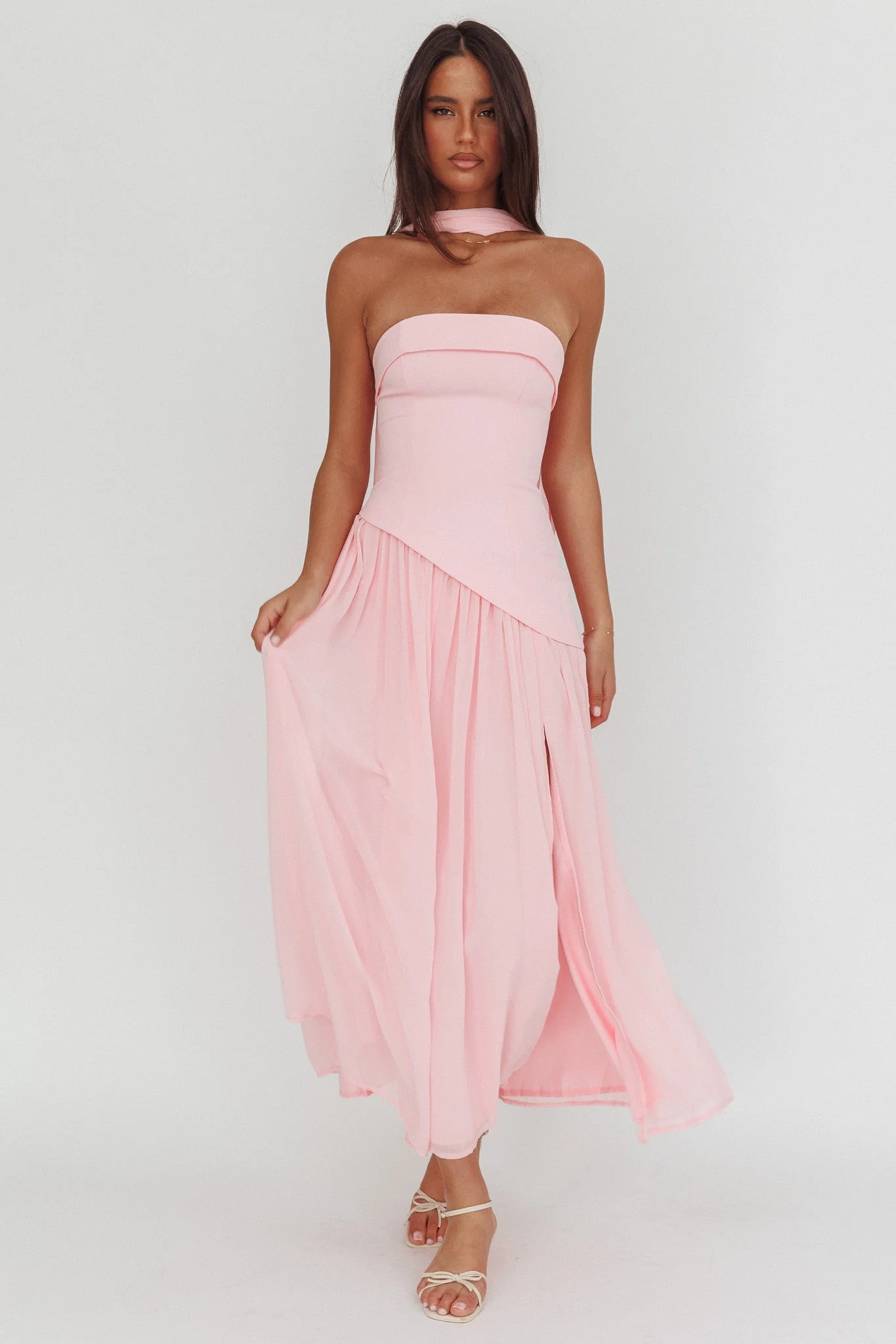 Mariabella Asymmetric Bodice Maxi Dress Pink
