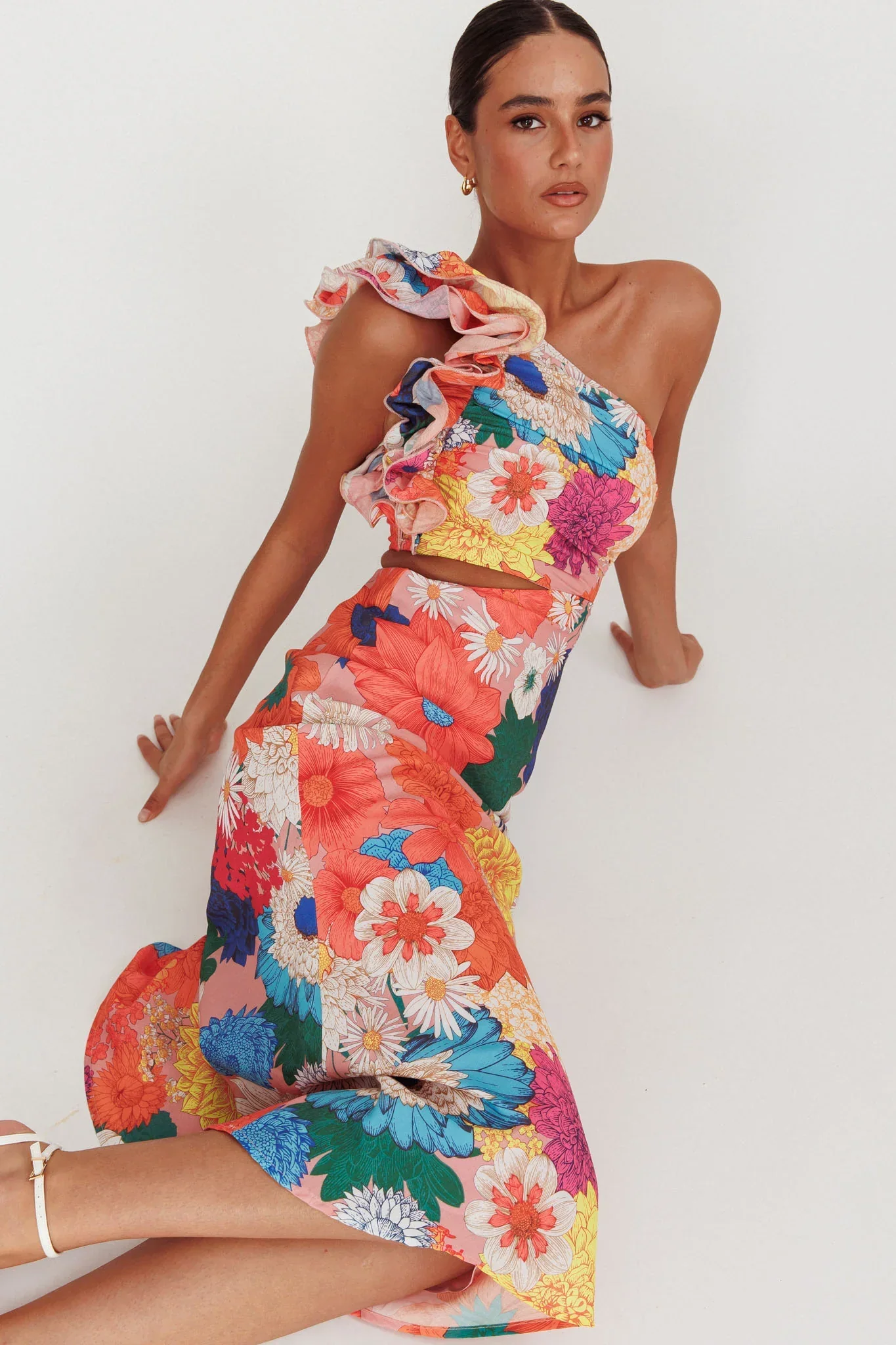 Deanna One-Shoulder Ruffle Floral Maxi Dress Orange