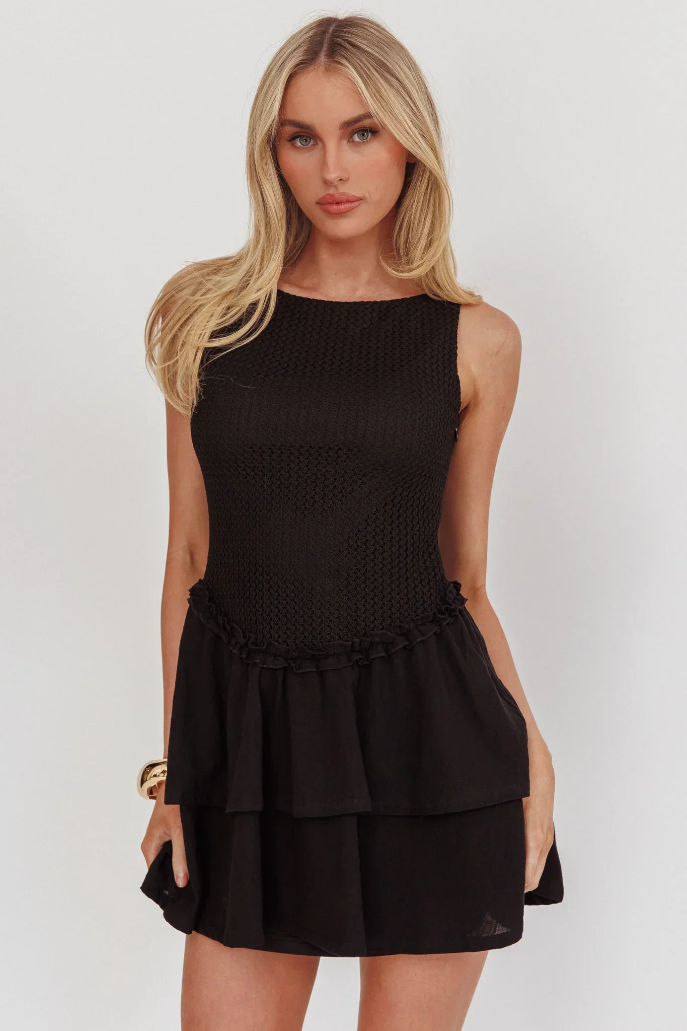 Swing It Double Layer Hem Mini Dress Black
