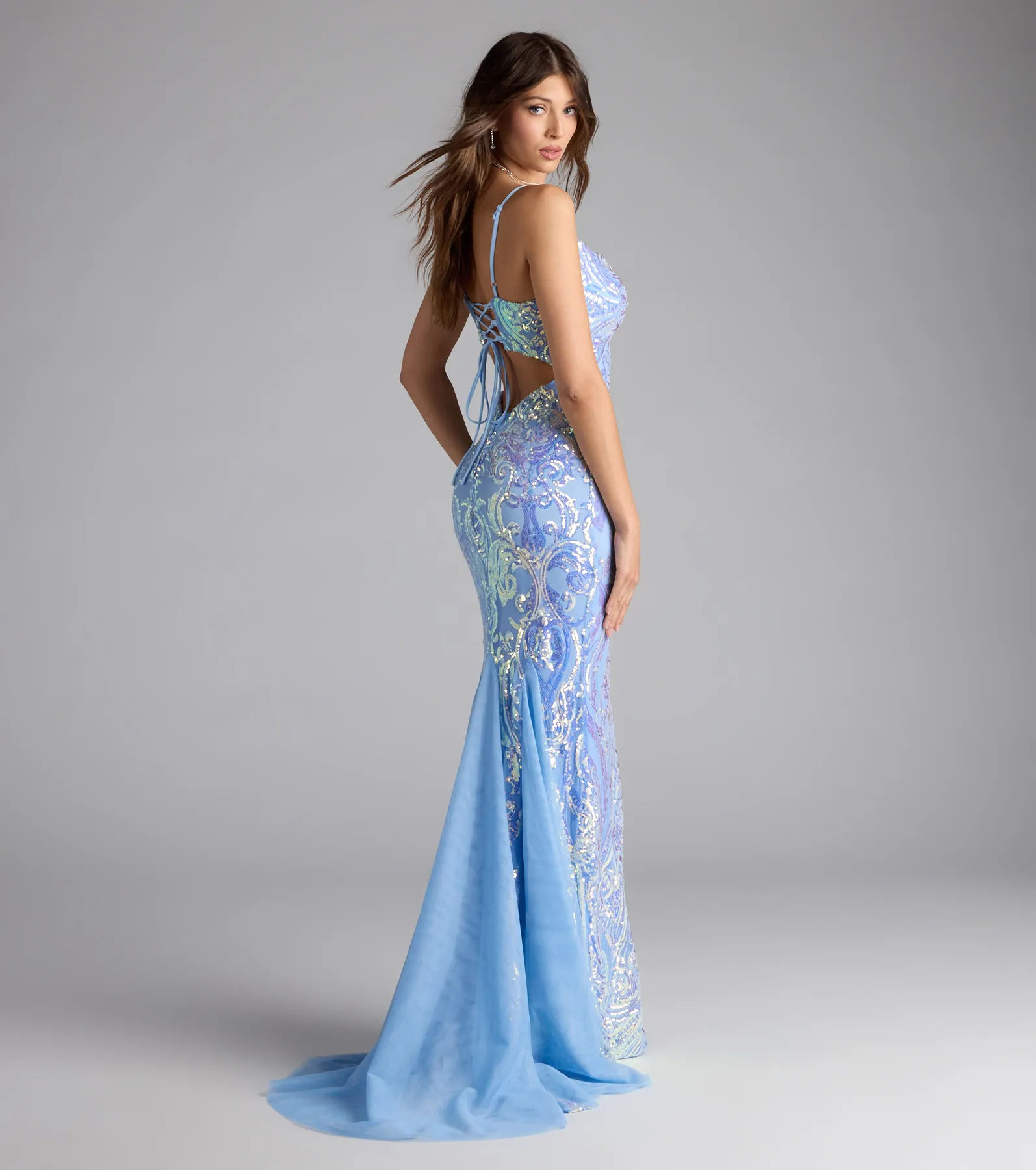 Ilse Sequin Mesh Lace-Up Mermaid Dress