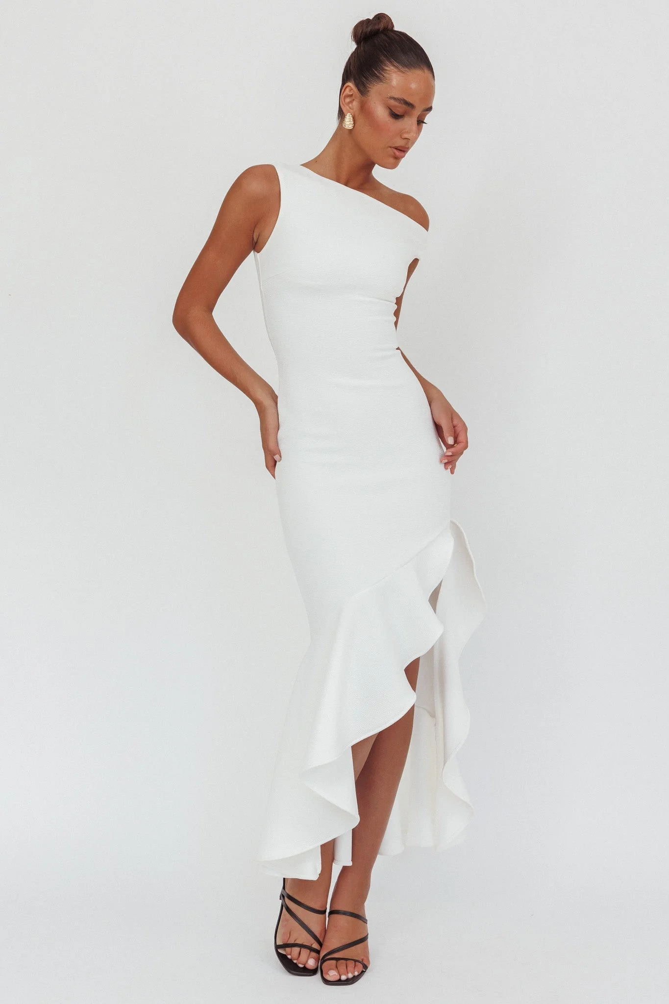 Lights On One-Shoulder Ruffle Hem Maxi Dress White