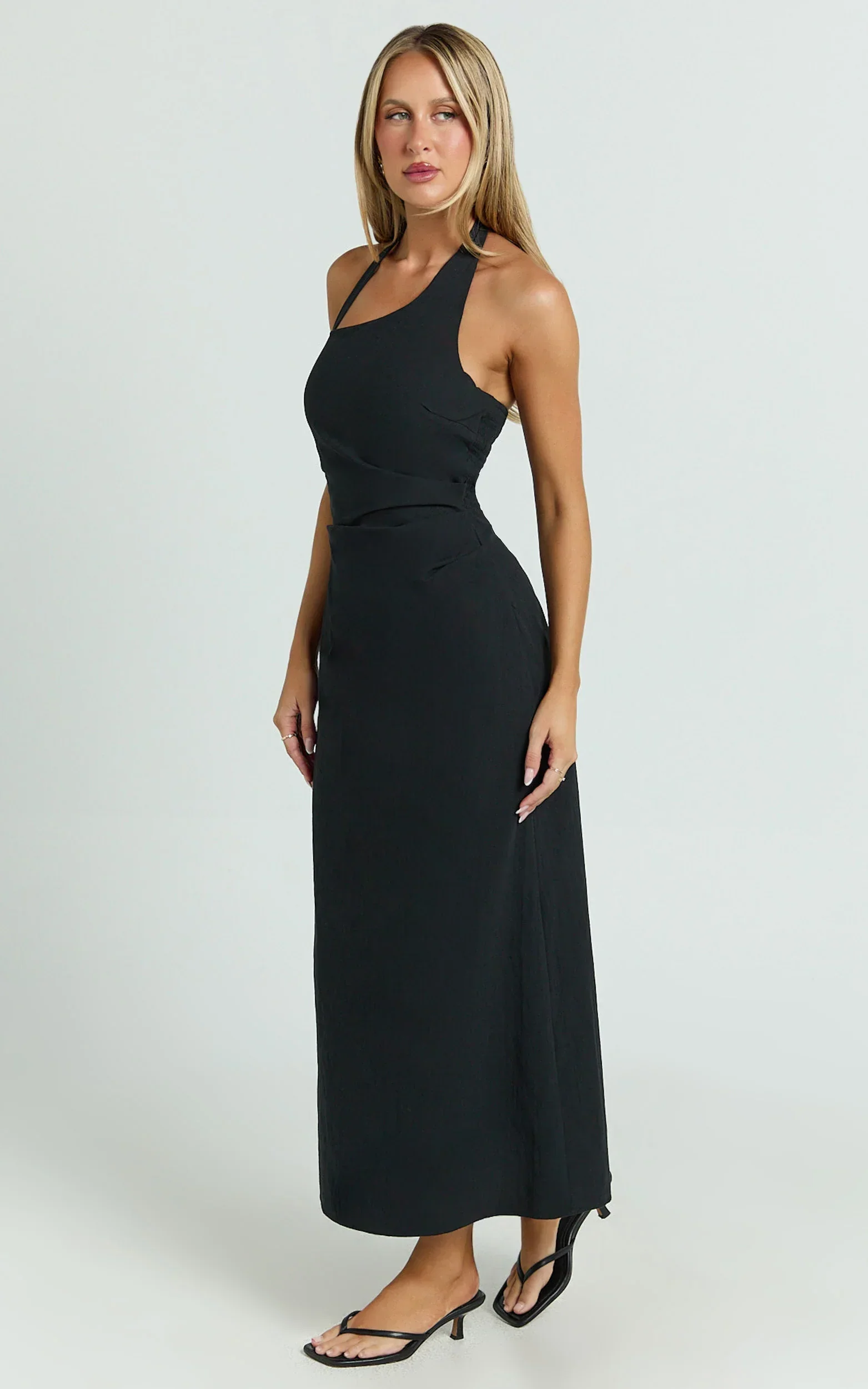 Lindley Midi Dress Halter Neck Linen Look Dress in Black