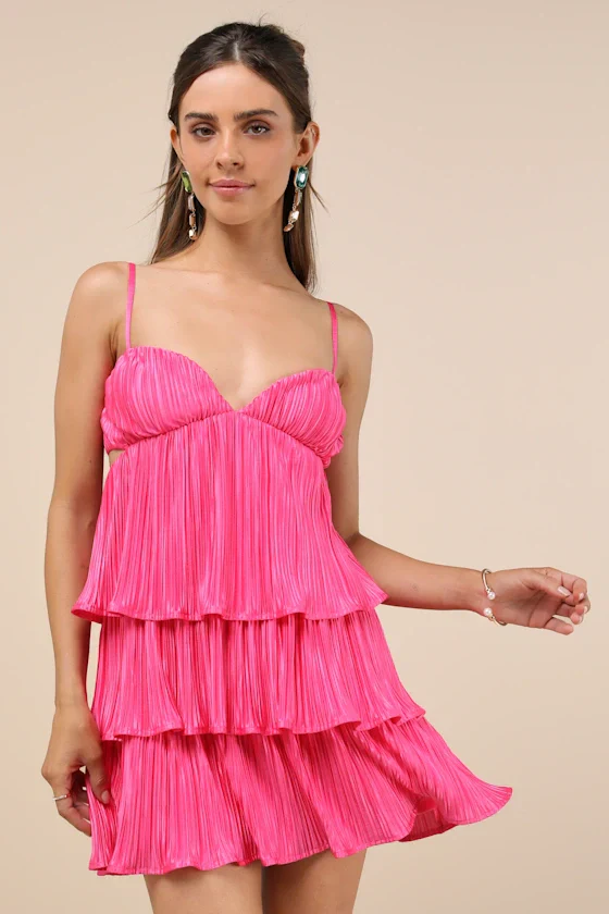 Sleek Dedication Hot Pink Satin Plisse Cutout Tiered Mini Dress