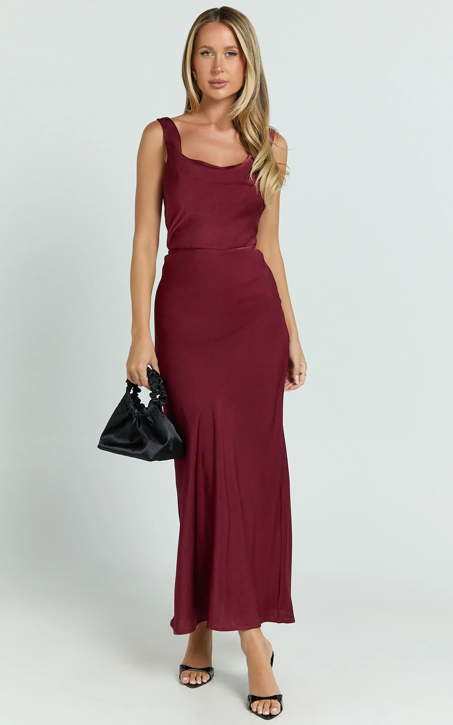 Dara Midi Dress Low Neck Sleeveless Slip Dress in Wine