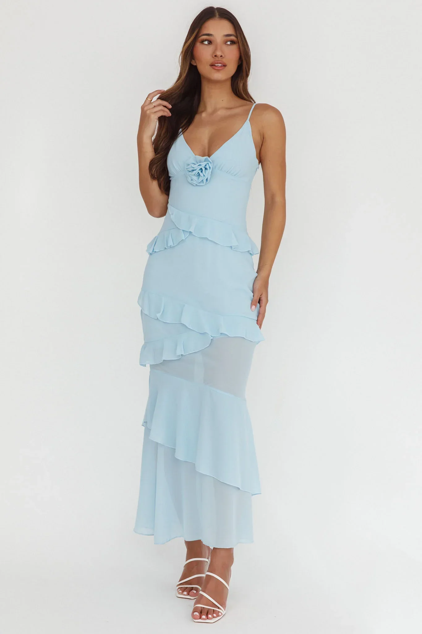 Marlie Frill Trim Rosette Maxi Dress Blue