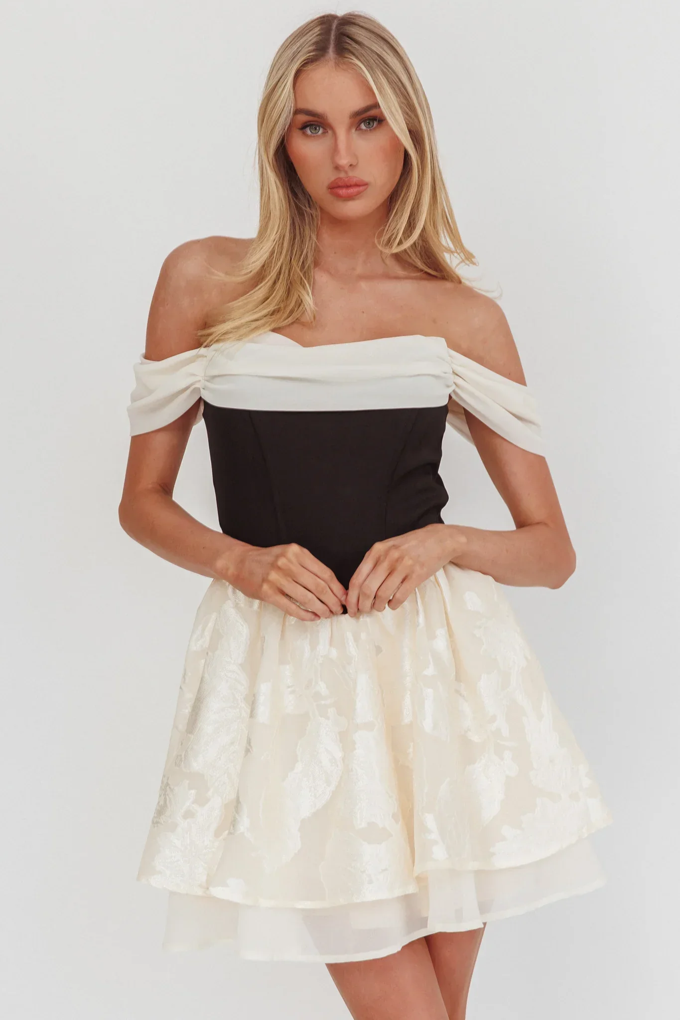 Lusting Off Shoulder Mini Dress Black/Cream